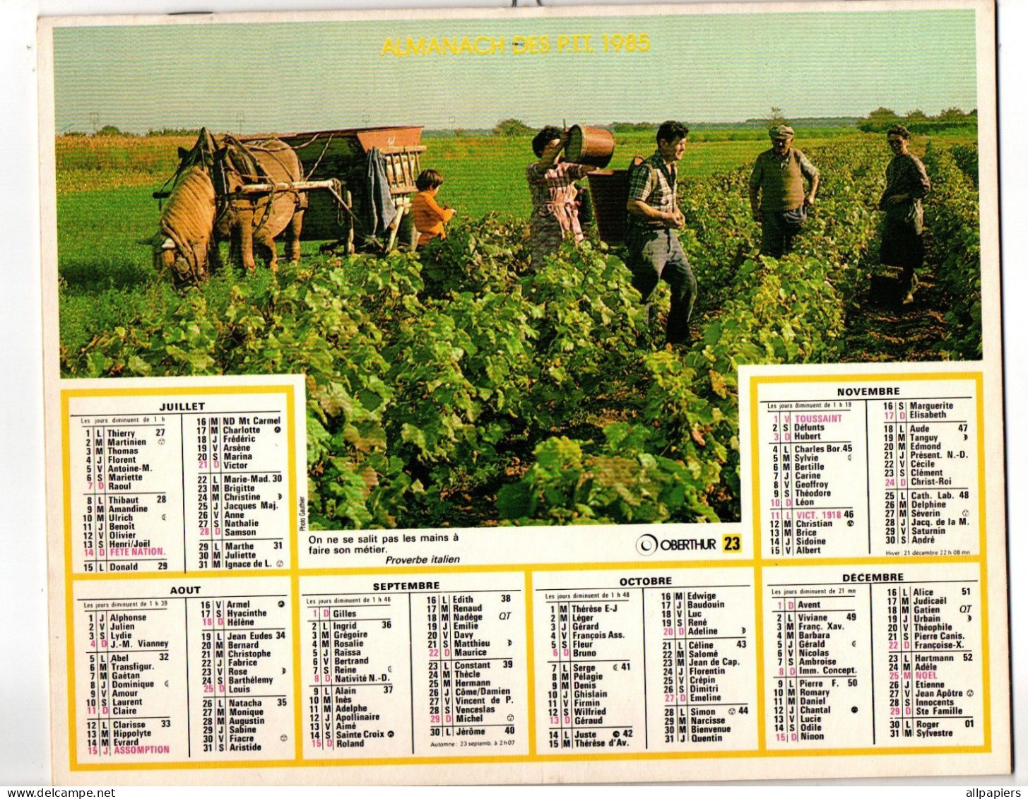 Almanach Des P.T.T. 1985 Labours Avec Chevaux Et Vendange - Complet Région Nord - Groot Formaat: 1981-90