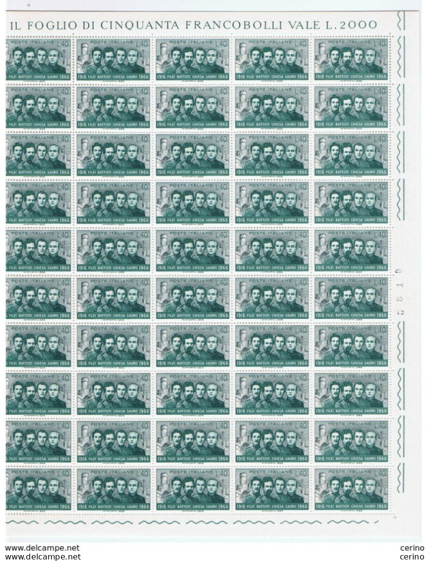 REPUBBLICA:  1966  MARTIRI  DI  VELFIORE  -  £. 40  GRIGIO  E  GRIGIO  AZZURRO  FGL. 50  N. -  SASS. 1032 - Feuilles Complètes