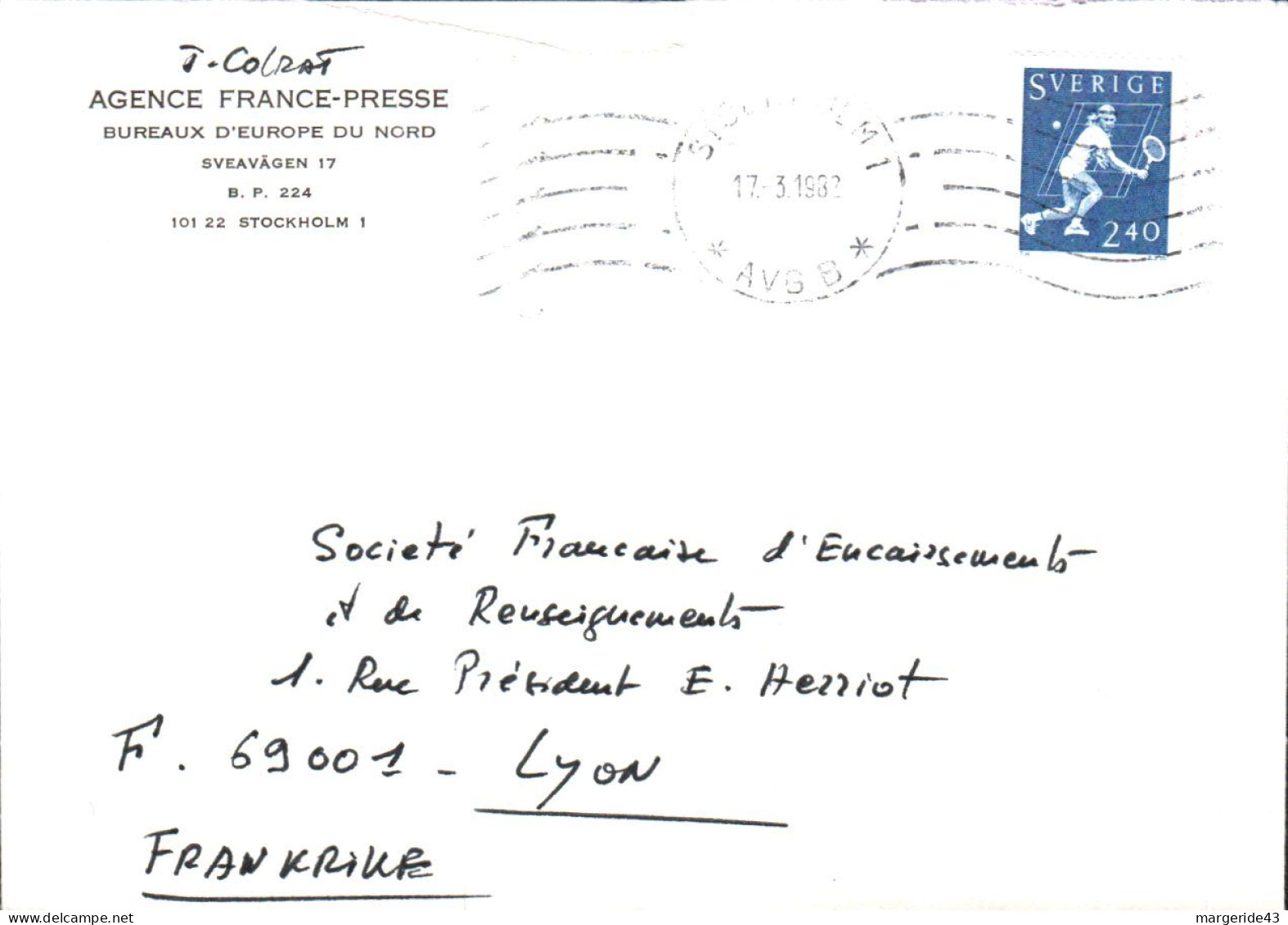 SUEDE SEUL SUR LETTRE POUR LA FRANCE 1982 - Storia Postale