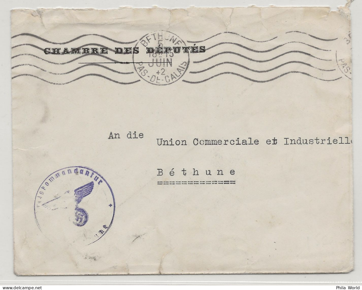 WW2 1942 France Enveloppe CHAMBRE DEPUTES Utilisée Service Militaire Allemand Lettre Franchise > BETHUNE Pas De Calais - Briefe U. Dokumente