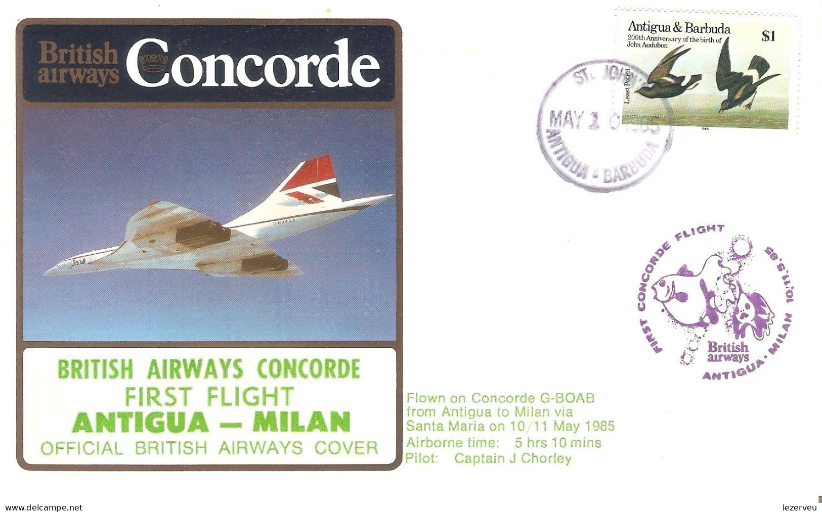 CONCORDE PREMIER 1er VOL FIRST FLIGHT BRITISH AIRWAYS ANTIGUA MILAN MILANO 1985 - Autres & Non Classés