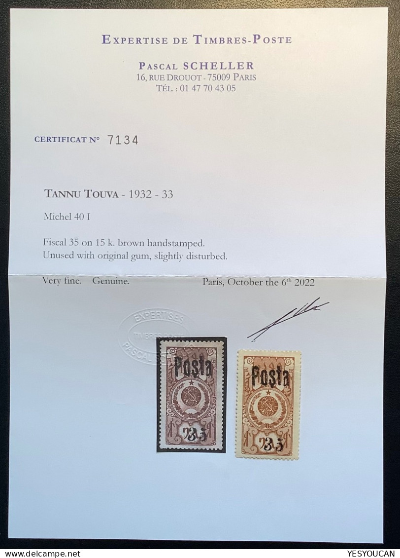 Tannu Tuva Rare YT 38a = 2000€, 1932 35 On 15 K. Mi 40 I VF Mint, Cert Scheller    (Touva Tuwa Russia Russie Neuf - Tuva
