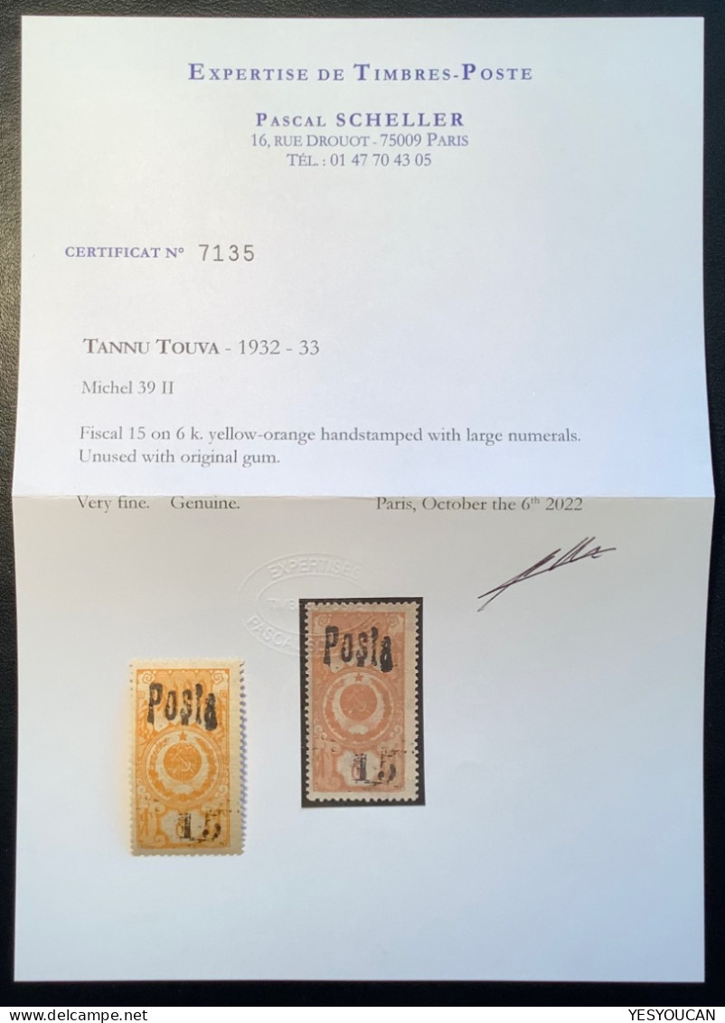 Tannu Tuva Rare YT 37, 1933 15 On 6k. Mi 39 II XF Mint Lightly Hinged * Cert Scheller (Touva Tuwa Russia Russie Neuf - Tuva