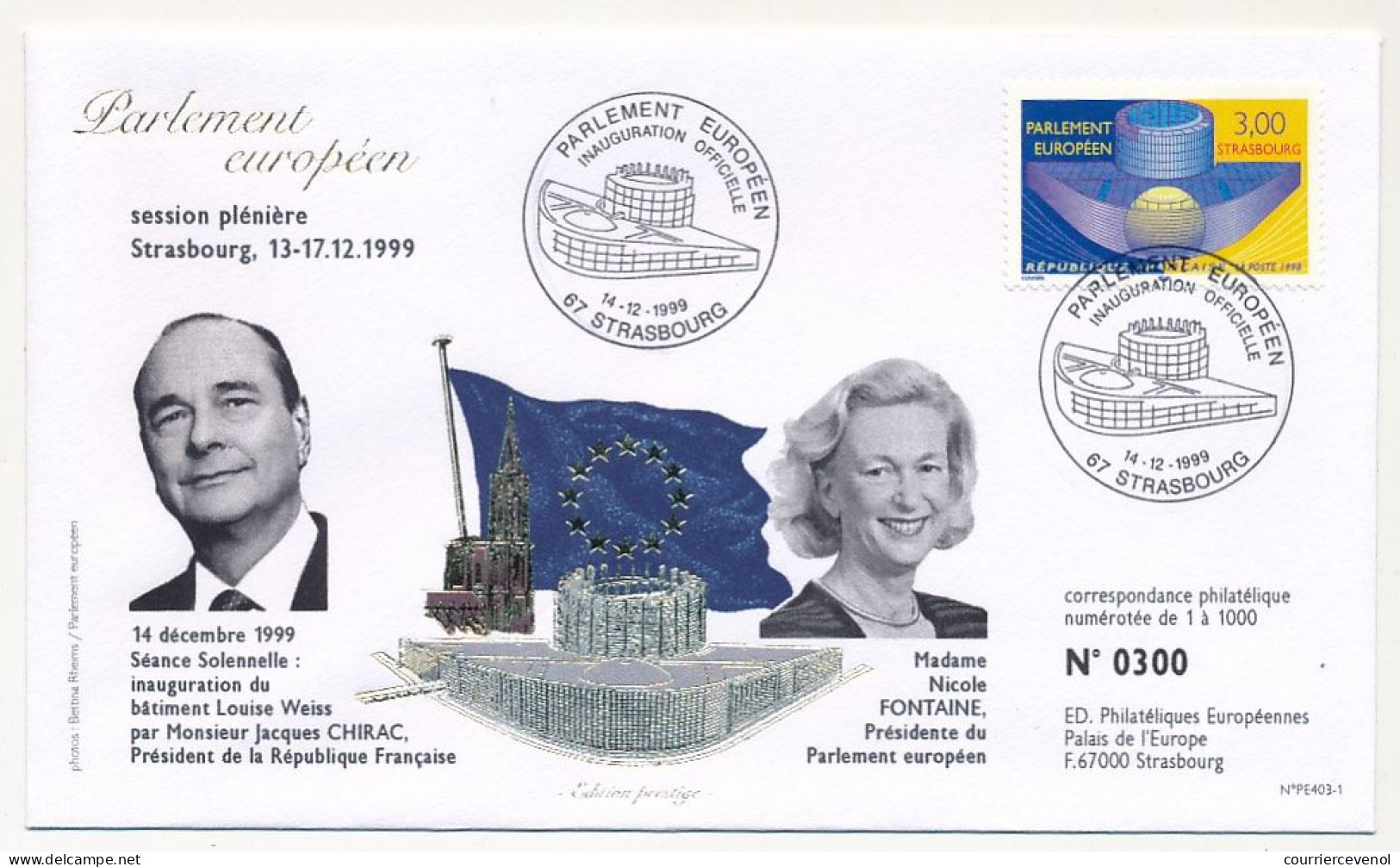 FRANCE - Env 3,00 Parlement Européen - Obl Temporaire Inauguration - Strasbourg 14/12/1999 - Storia Postale