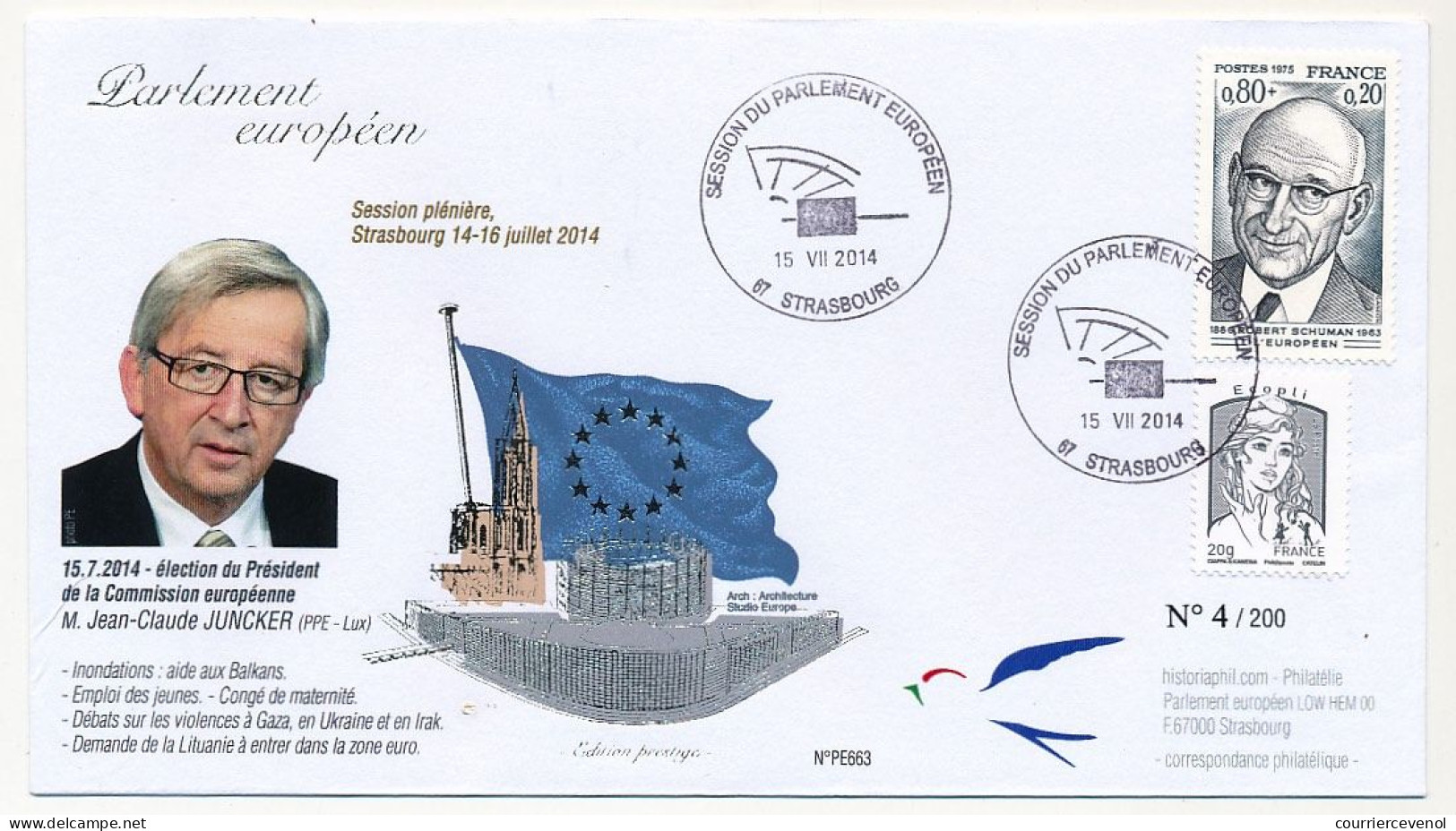 FRANCE - Env 0,80 + 0.20 Robert Schumann + Ecopli - Cad Session Du Parlement Eur. Strasbourg 15/7/2014 - Claude Juncker - Storia Postale