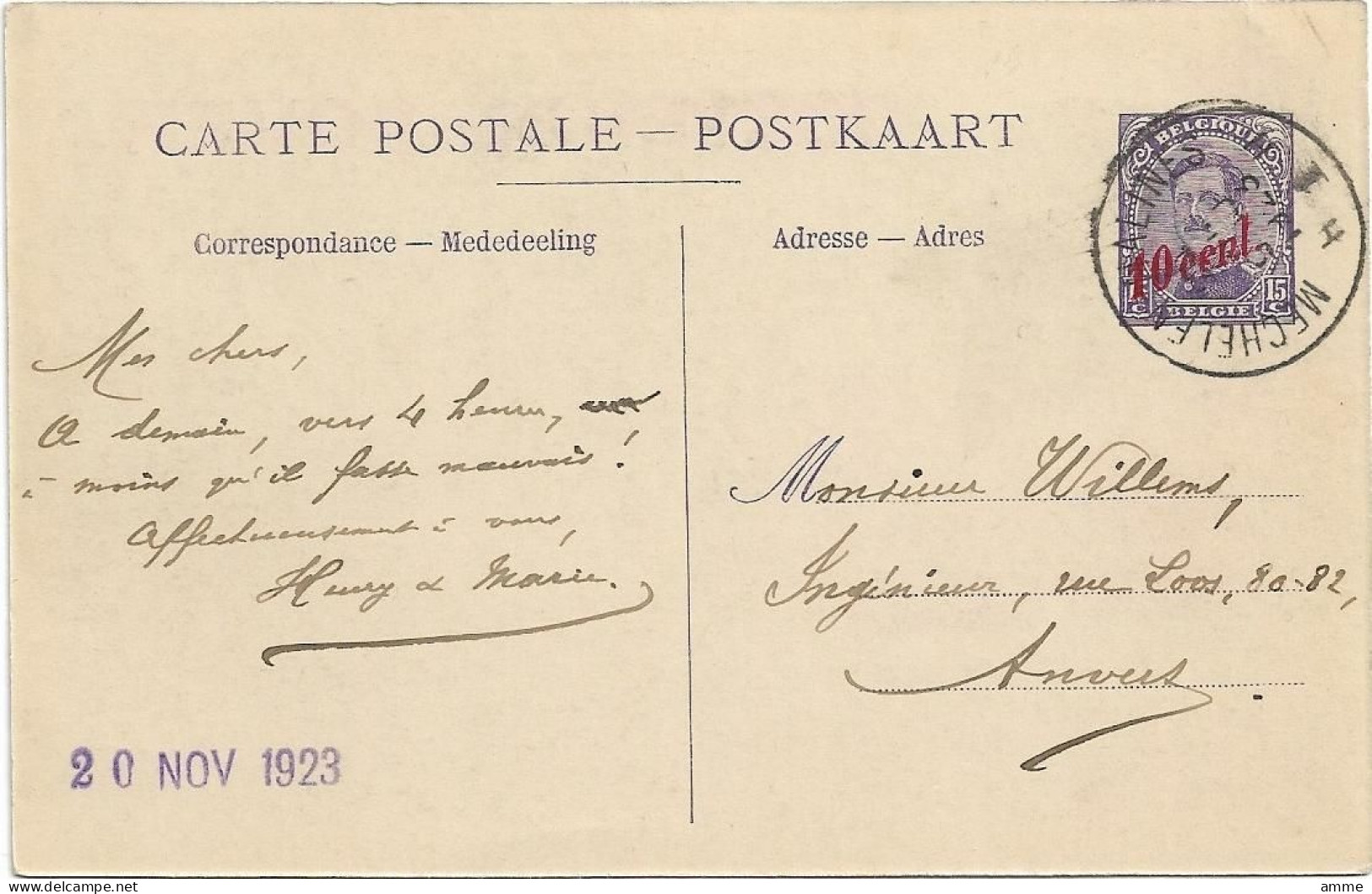 Oostende  *  Maalboot Oostende - Dover -  Paquebot  1923   (Timbre 15>10 Ct) - Cartes Paquebot