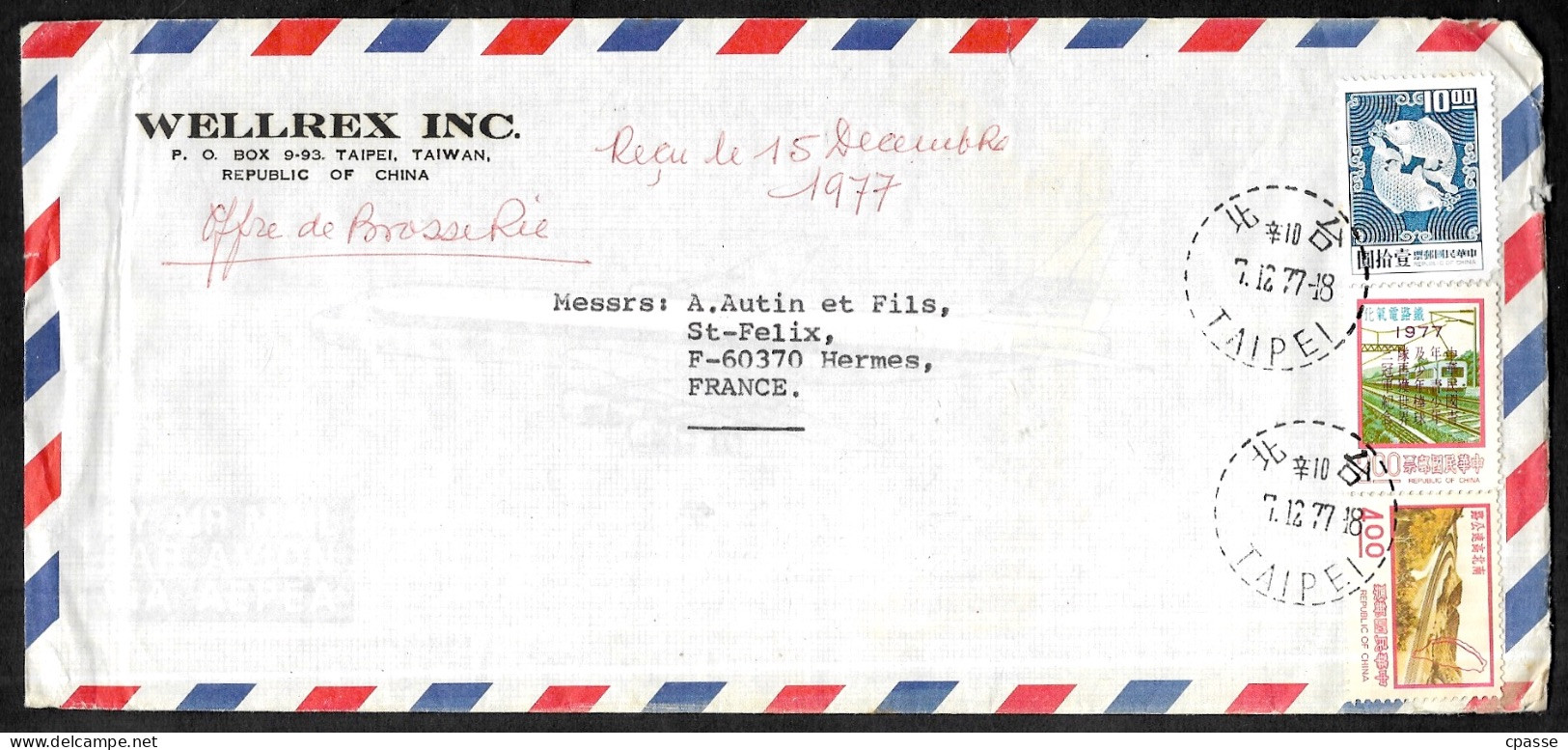 1977 Lettre Republic Of CHINA TAIWAN (Formose) En-tête WELLREX INC. TAIPEI To France POSTE AERIENNE Air Mail - Poste Aérienne