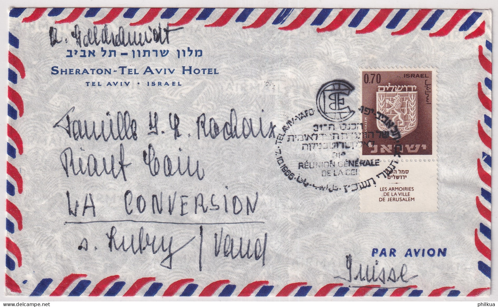 MiNr. 336 Israel Bedarfsflugpostbrief Gelaufen Ab Hotel Sheraton - TEL-AVIV Israel Nach LA CONVERSION VD Suisse - Airmail