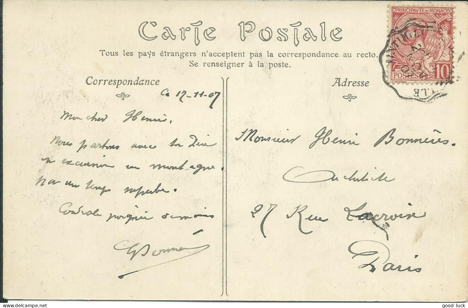 MONACO 10c OBLITERE AMBULANT SUR CARTE DE MONTE-CARLO POUR PARIS DE 1907 LETTRE COVER - Brieven En Documenten