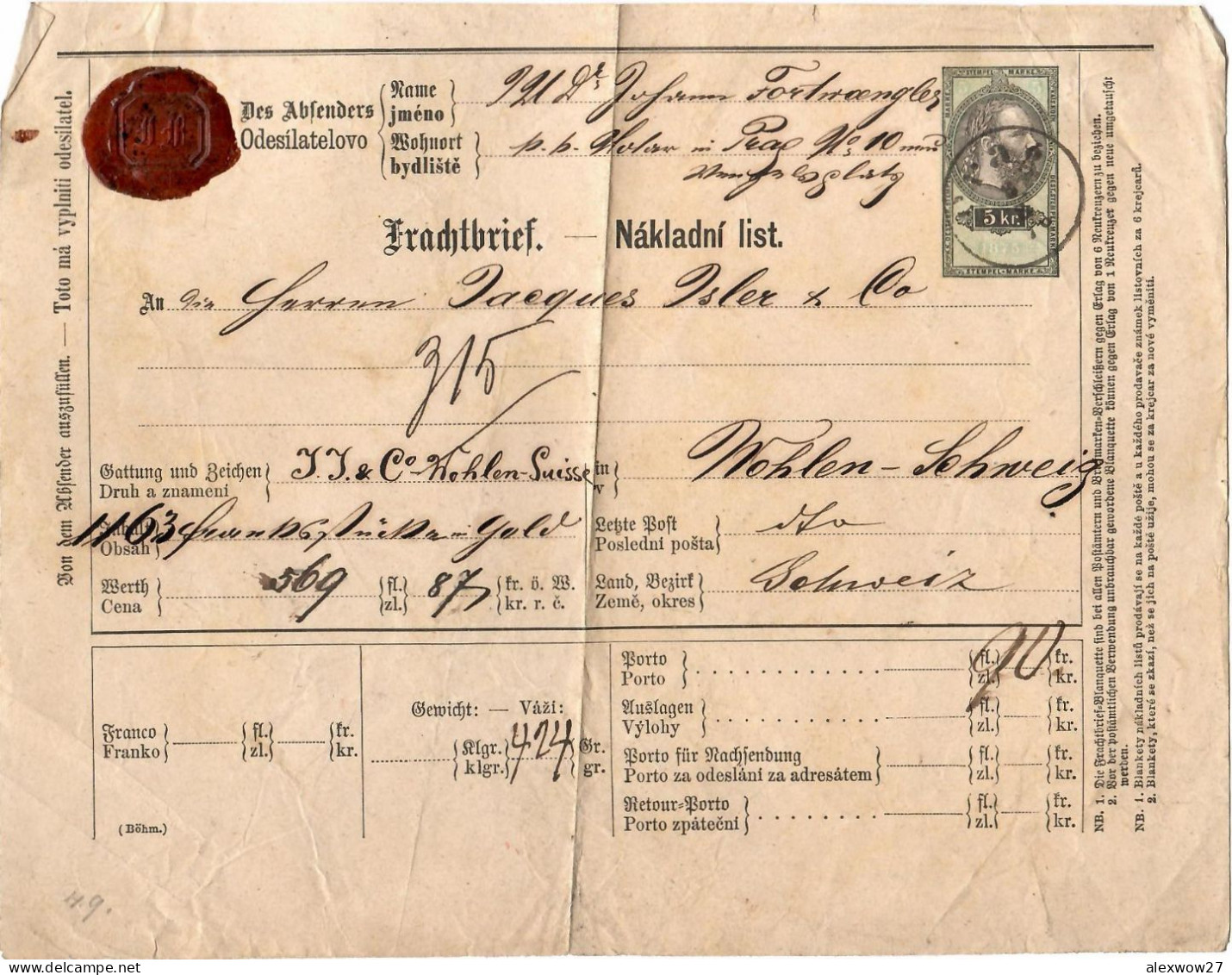 1875 Lettera Di Vettura Regolarmente  Spedito - Fiscale Zegels