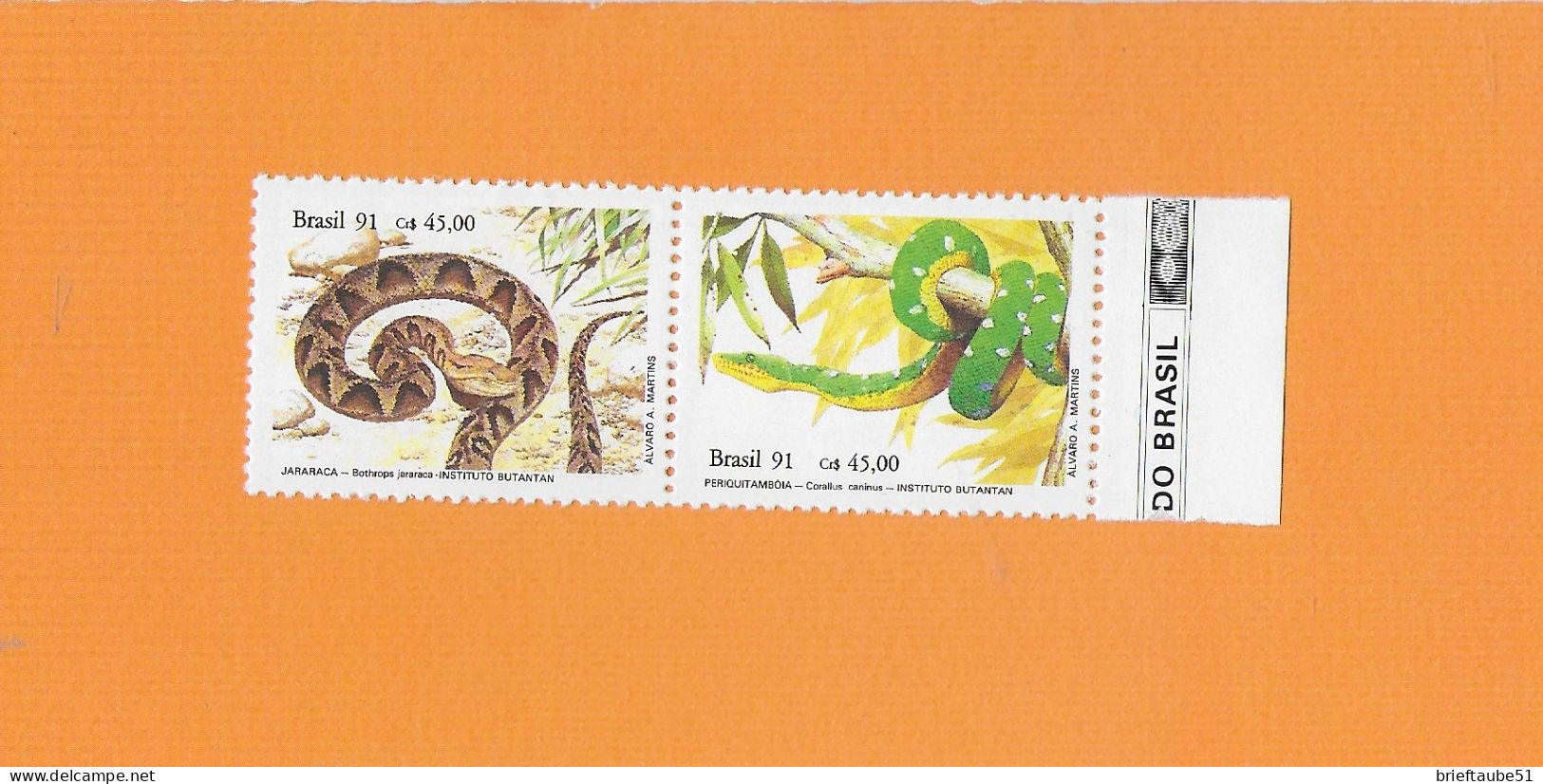 BRASILIEN BRASIL 1991  Postfrisch**MNH  MICHEL-Nr. 1415-1416  = REPTILIEN  # SCHLANGEN  # Naturschutz: Reptilien - Serpents