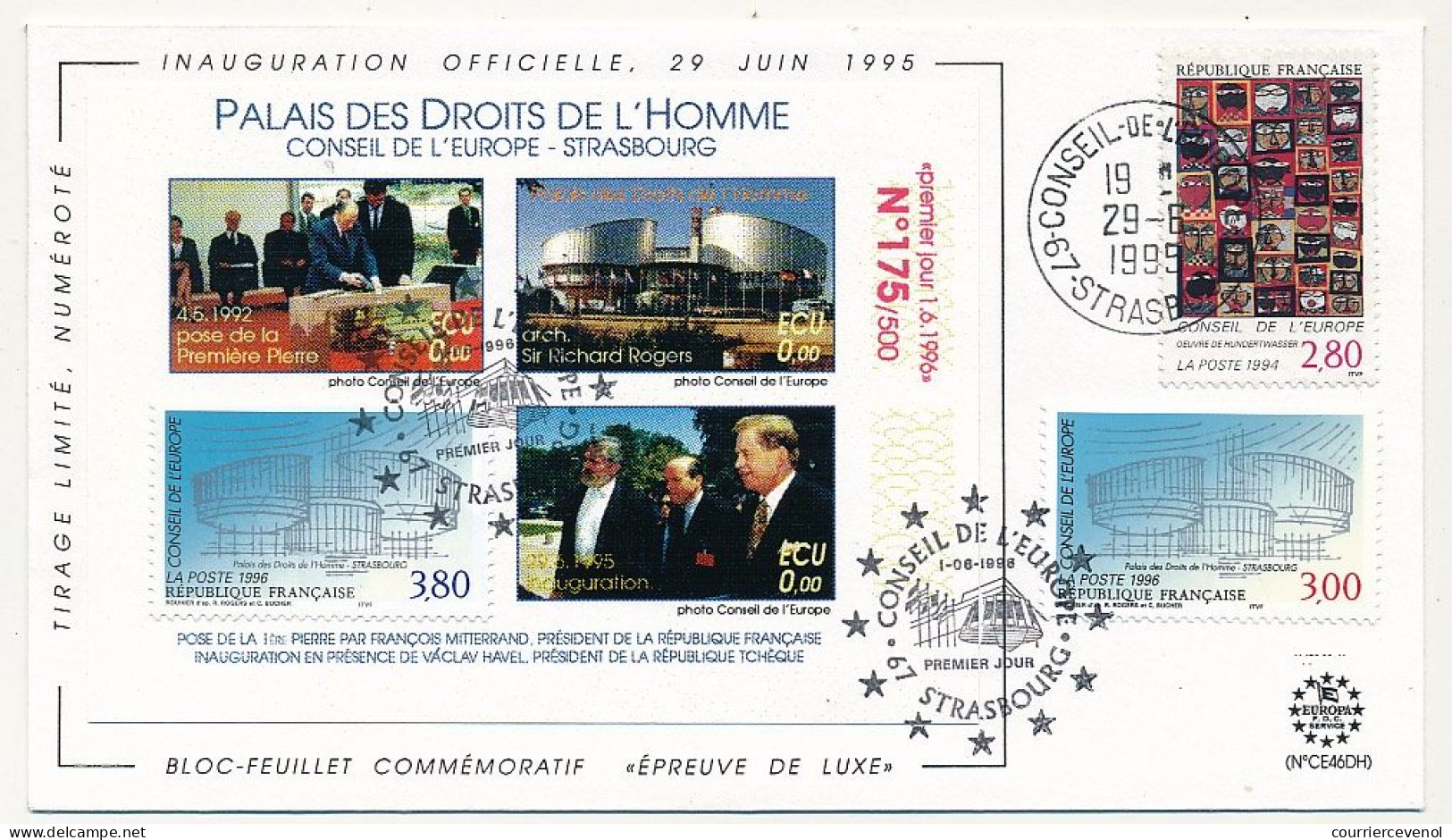 FRANCE - Env 2,80 Conseil Europe - Cad Conseil Europe Strasbourg 29/6/1995 - Inauguration Officielle - Cartas & Documentos