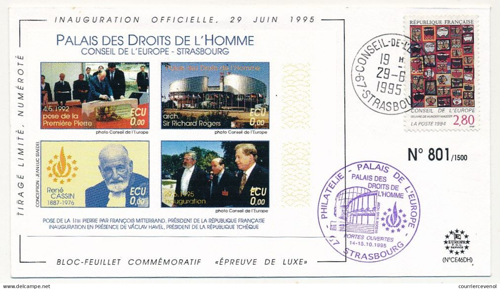 FRANCE - Env 2,80 Conseil Europe - Cad Conseil Europe Strasbourg 29/6/1995 - Inauguration Officielle - Cartas & Documentos