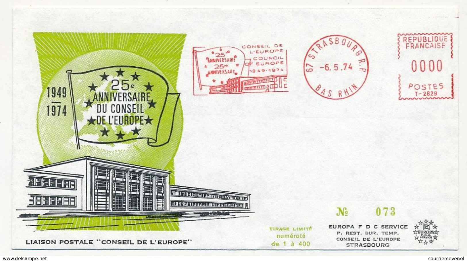 FRANCE - Env 25eme Anniversaire Conseil De L'Europe - EMA Strasbourg 6/5/1974 Empreinte à 0 - EMA (Printer Machine)