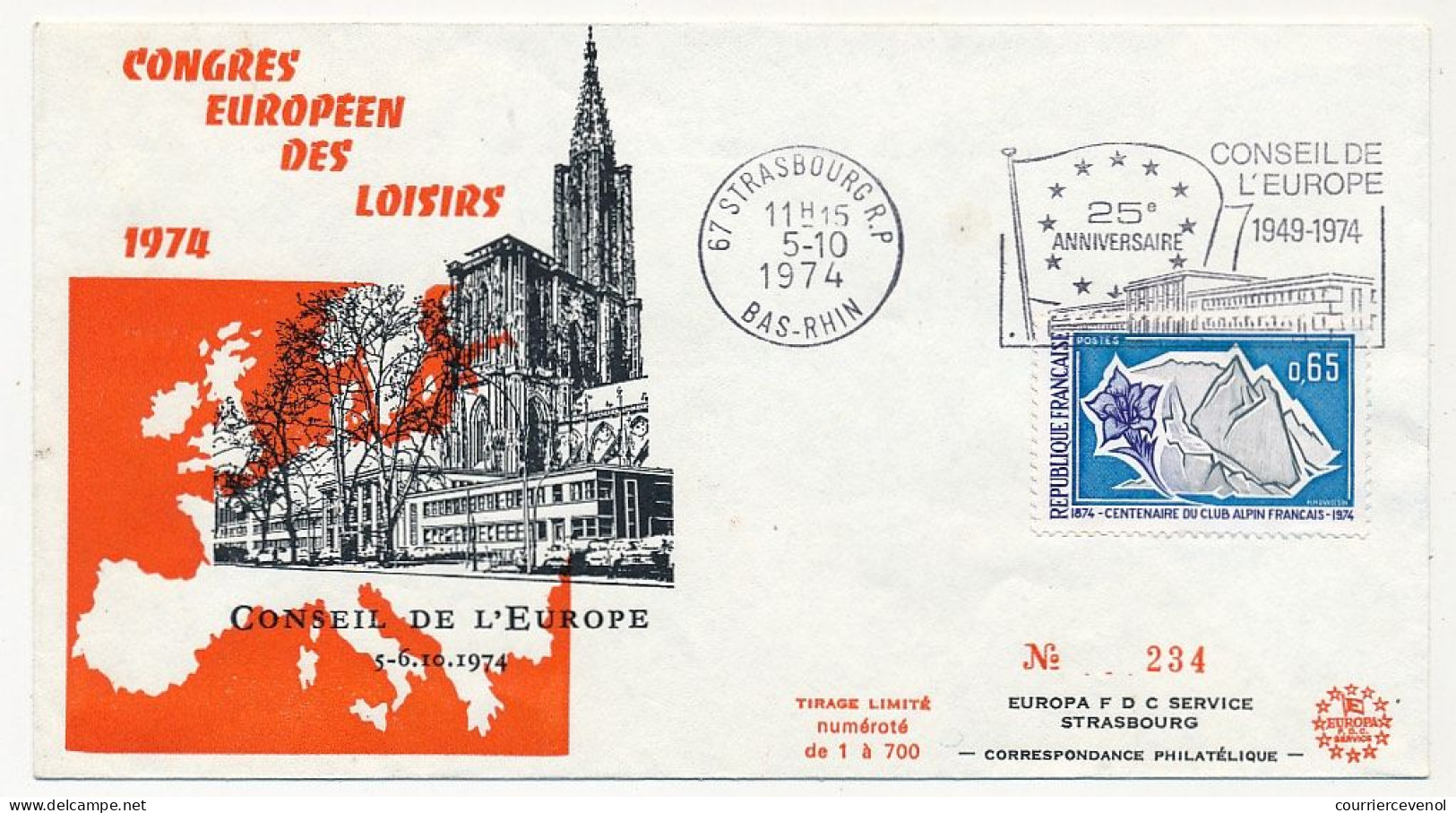 FRANCE - Env 25eme Anniversaire Conseil De L'Europe - OMEC Strasbourg 5/10/1974 S/0,65 Club Alpin - Oblitérations Mécaniques (flammes)