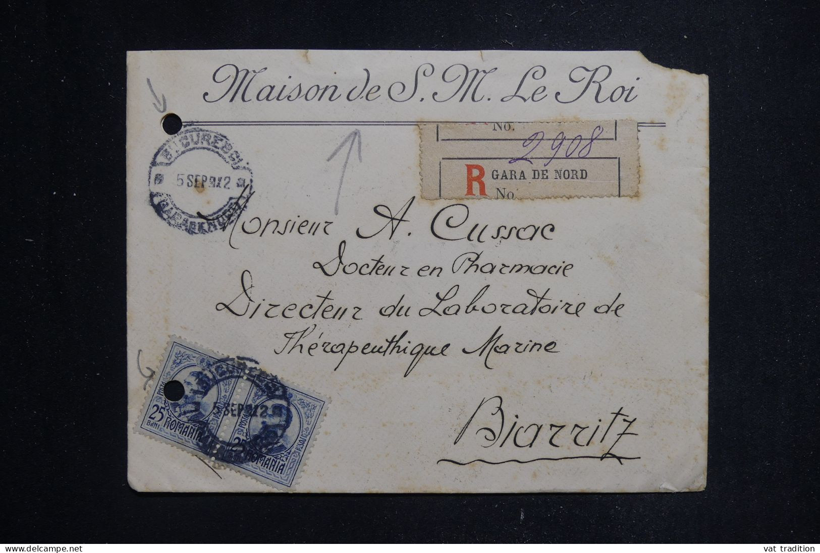 ROUMANIE - Enveloppe De La Maison Du Roi En Recommandé Pour Biarritz En 1912 - L 144054 - Storia Postale