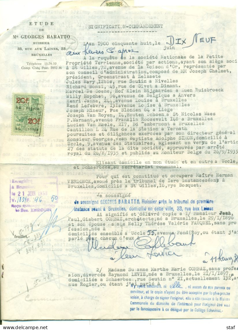 Acte De L'Etude De Huissier Georges Baratto à Bruxelles + Renseignement De La Commune De Schaerbeek - 1958 - 1950 - ...