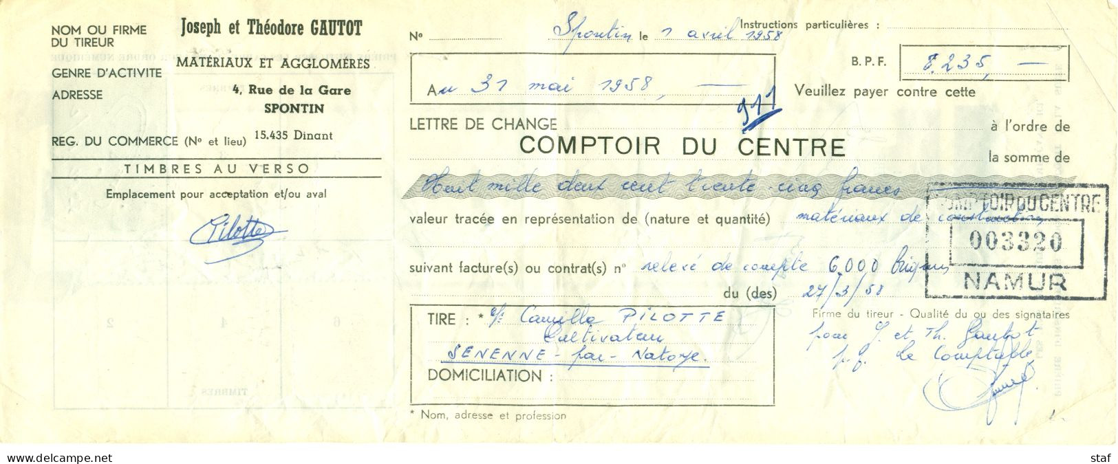 Lettre De Change - Wisselbrief Joseph Et Théodore Gautot à Spontin - 1958 - 1950 - ...