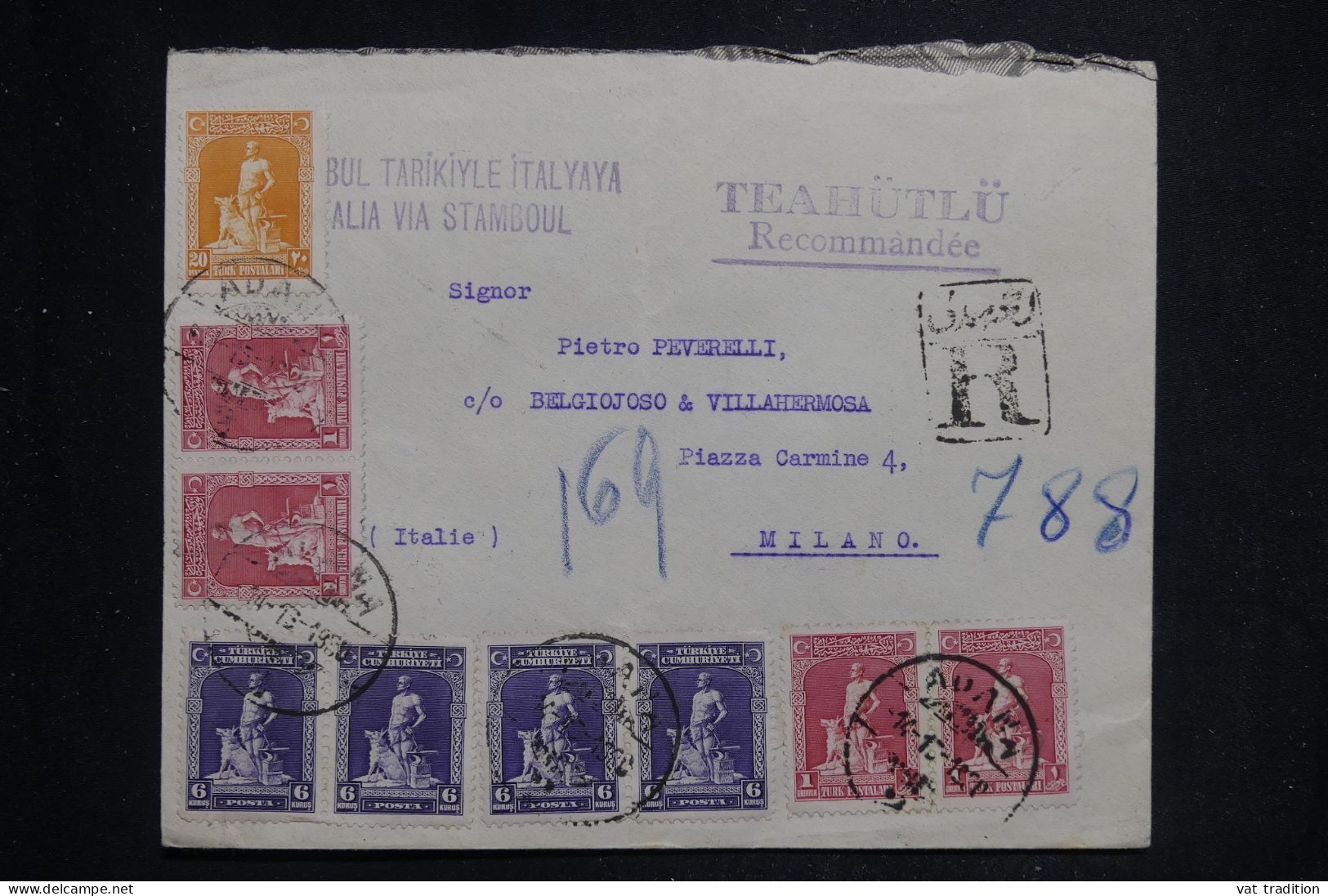 TURQUIE - Enveloppe En Recommandé Pour L'Italie En 1930, Affranchissement Varié - L 144069 - Storia Postale