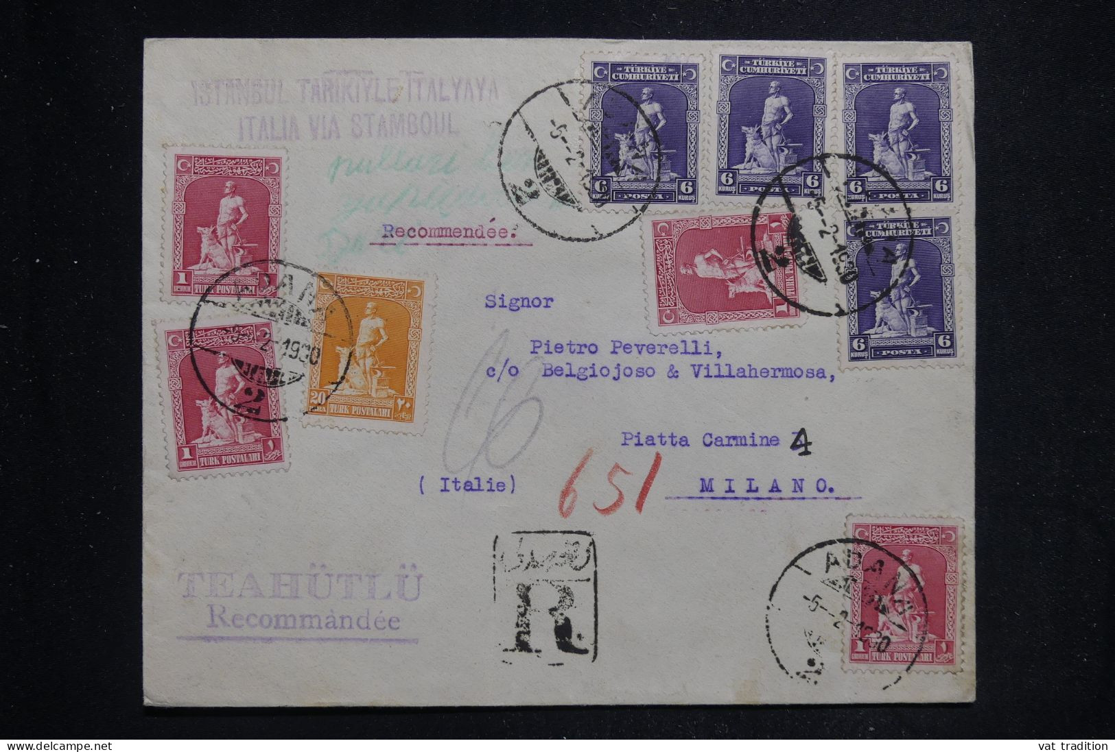 TURQUIE - Enveloppe En Recommandé De Adana Pour L'Italie En 1930, Affranchissement Varié - L 144070 - Storia Postale