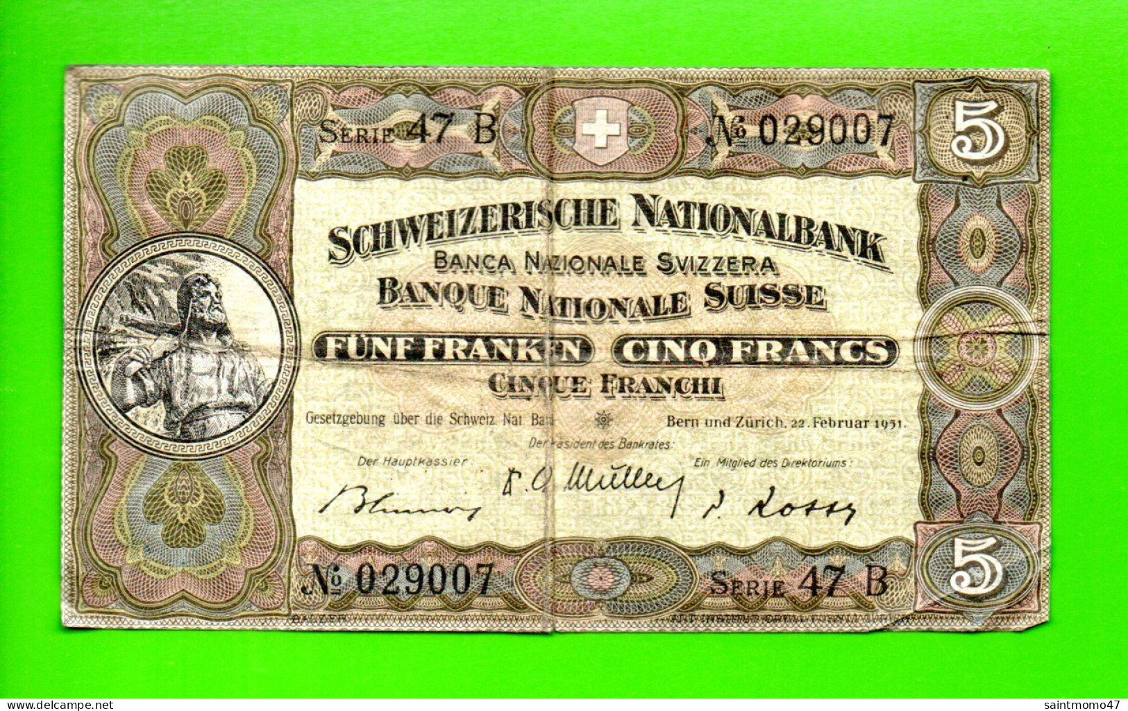BILLET . SUISSE . 5 FRANCS 1951 . BANQUE SUISSE . SCHWEIZERISCHE NATIONALBANK - Réf. N°12766 - - Suiza