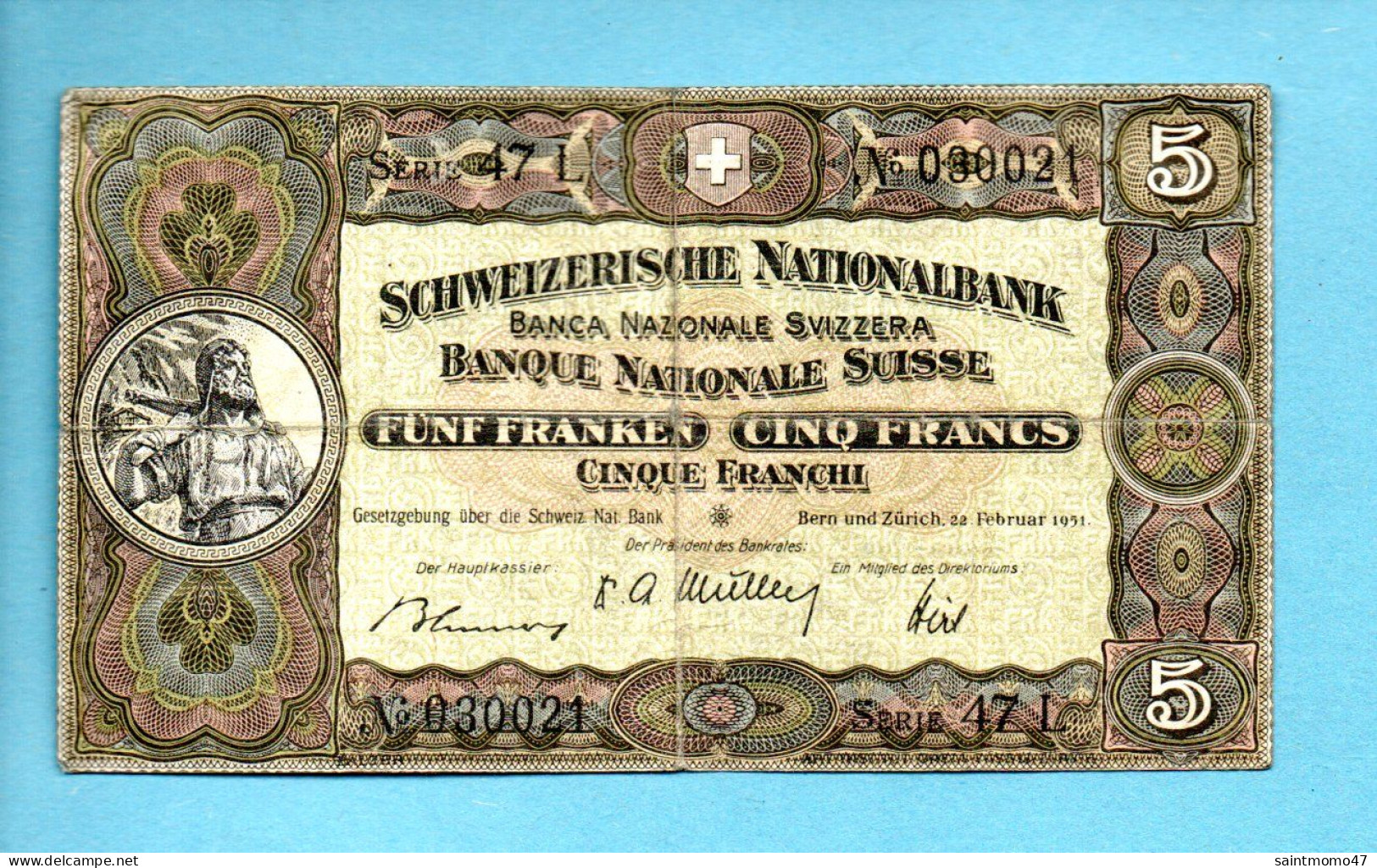 BILLET . SUISSE . 5 FRANCS 1951 . BANQUE SUISSE . SCHWEIZERISCHE NATIONALBANK - Réf. N°12767 - - Suiza
