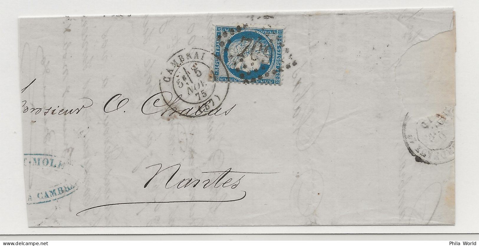 FRANCE 1875 LAC YT 60C 25c CERES BLEU CAMBRAI 59 NORD GC 79 Pour NANTES Loire Inférieure 42 - 1871-1875 Cérès