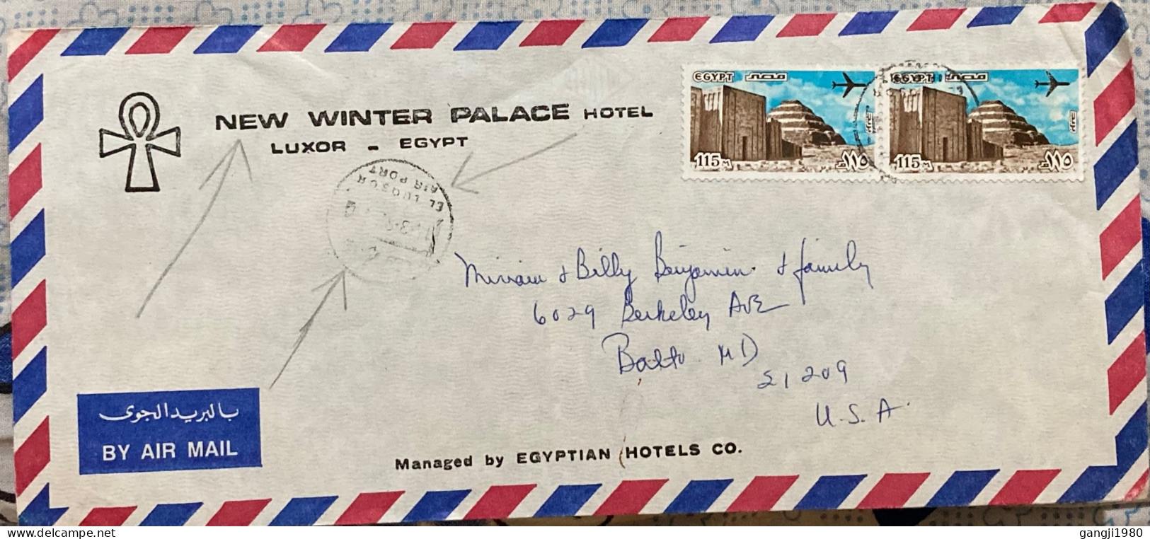 EGYPT 1980, COVER USED TO USA, NEW WINTER PALACE HOTEL, LUXOR, 2 STAMP, PYRAMID, AEROPLANE, ARCHELOGY, BUILDING, HERITAG - Covers & Documents