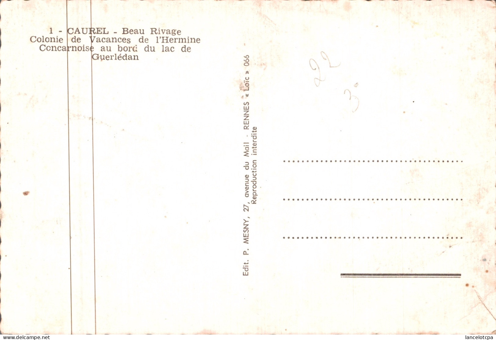 22 - CAUREL / BEAU RIVAGE - COLONIE DE VACANCES DE L'HERMINE CONCARNOISE - Caurel