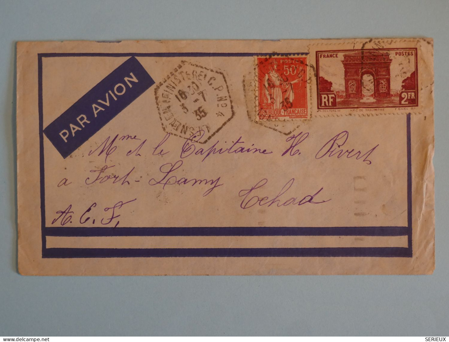 BU1 FRANCE  BELLE  LETTRE  RR 1935 PAR AVION POUR FORT LAMY TCHAD  +N°258 +HEXAGONAL + AFF. PLAISANT + - 1927-1959 Briefe & Dokumente