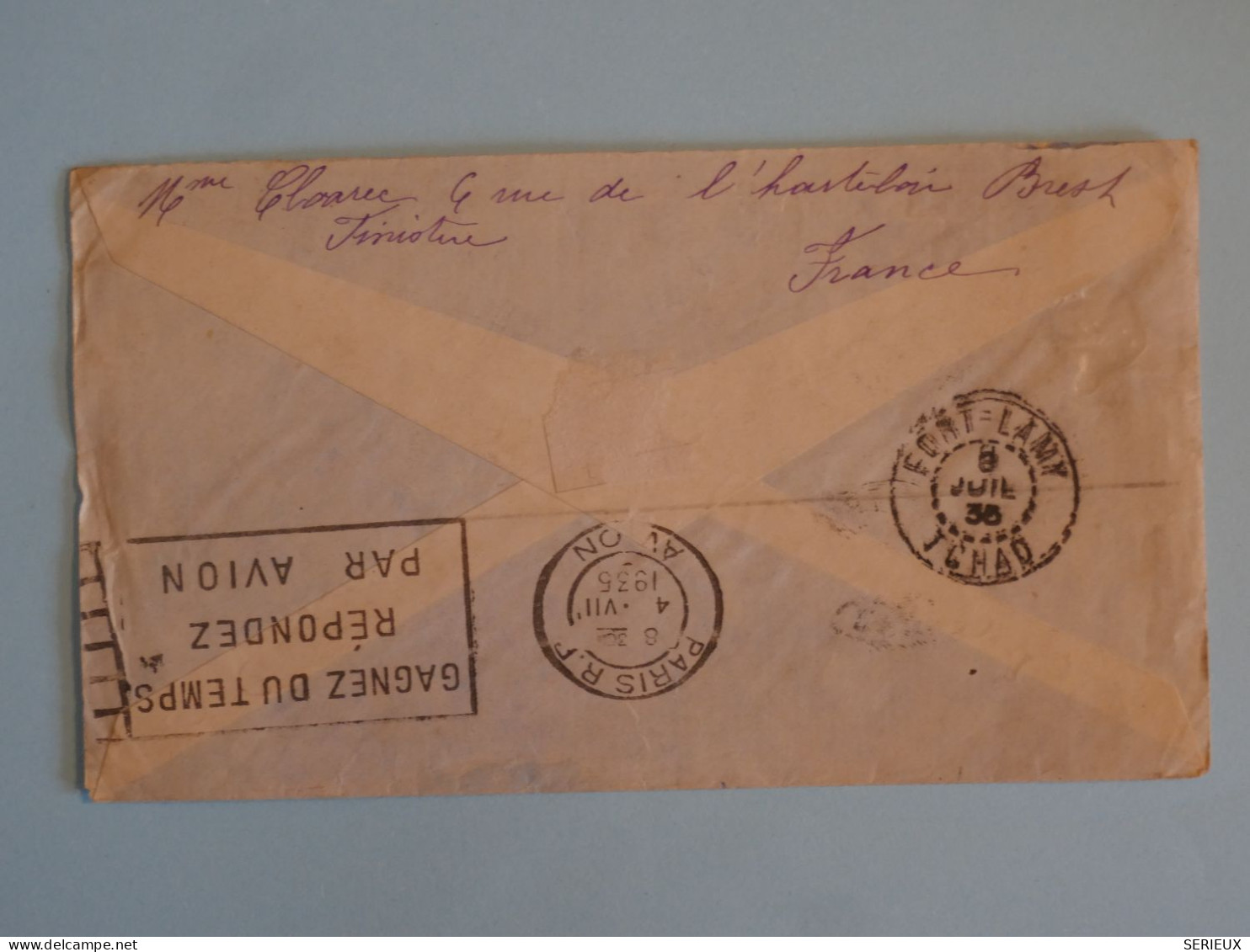 BU1 FRANCE  BELLE  LETTRE  RR 1935 PAR AVION POUR FORT LAMY TCHAD  +N°258 +HEXAGONAL + AFF. PLAISANT + - 1927-1959 Brieven & Documenten