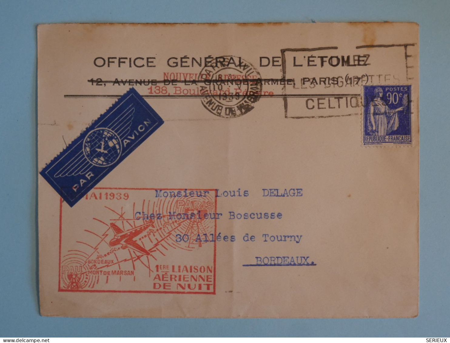 BU1 FRANCE  BELLE  LETTRE   1939 1ER VOL NUIT PARIS  POUR  BORDEAUX +N°258+ AFF. PLAISANT + - 1927-1959 Lettres & Documents