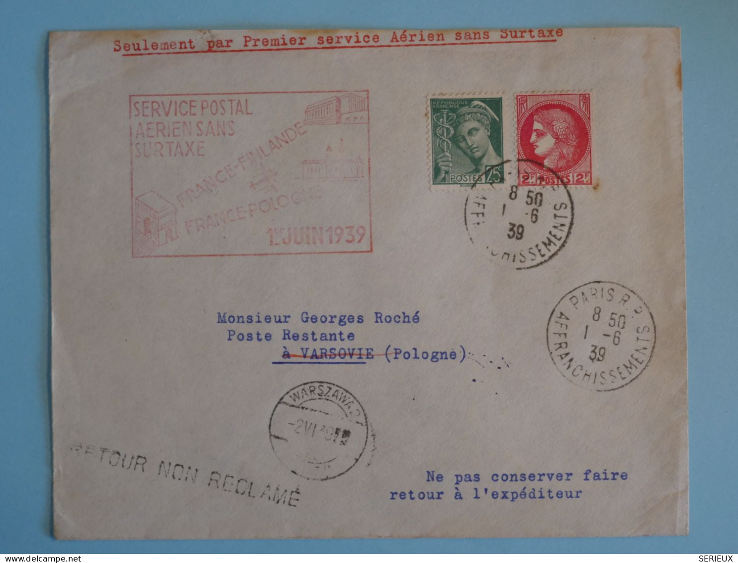 BU1 FRANCE  BELLE  LETTRE   1939 1ER VOL  PARIS VARSOVIE POLOGNE+ AFF. PLAISANT + - 1927-1959 Brieven & Documenten