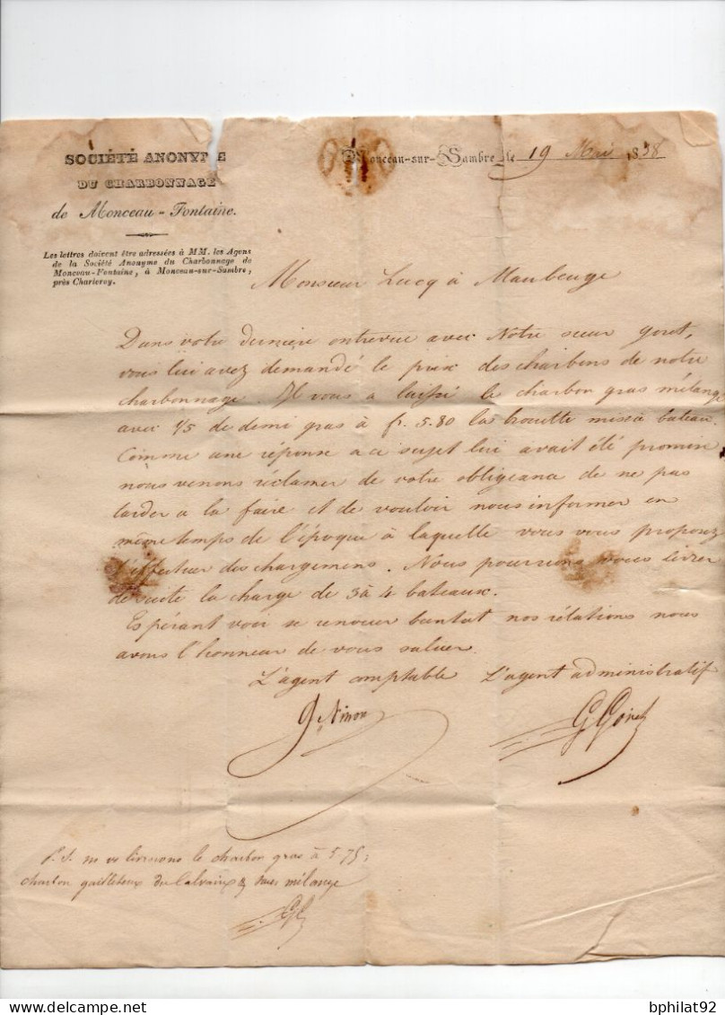 !!! LETTRE DE MONCEAU SUR SAMBRE POUR MAUBEUGE DE 1838, MARQUE D'ENTREE BELGIQUE PAR VALENCIENNES - 1830-1849 (Unabhängiges Belgien)