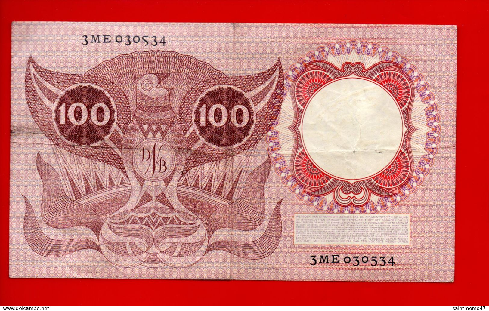 BILLET . PAYS-BAS . DE NEDERLANDSCHE BANK . 100 GULDEN 02/02/1953 . " ERASMUS " - Réf. N°12776 - - 100 Florín Holandés (gulden)