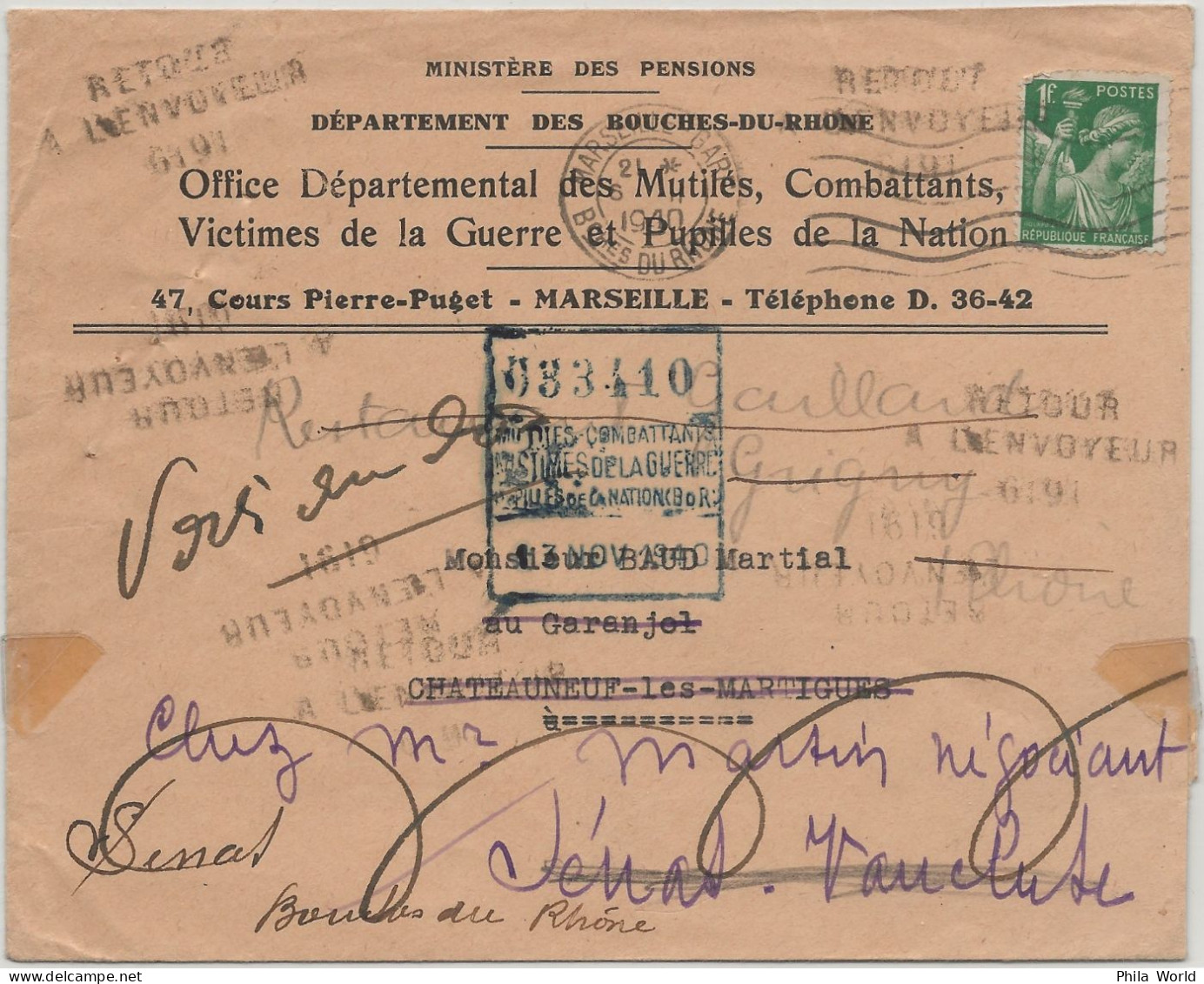 FRANCE 1939 LSI 1 F IRIS Ministère Des Pensions Office Mutilés Marseille RETOUR ENVOYEUR INCONNU Chateauneuf - Covers & Documents