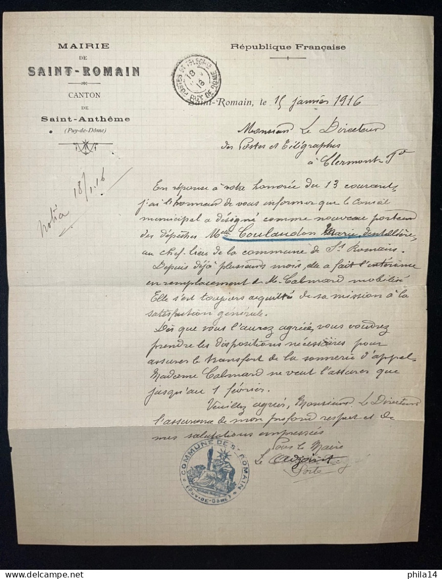 DOCUMENT DU MAIRE DE ST ROMAIN PUY DE DOME / 1916 / PORTEUR DE DEPECHES / POSTES - Manuscrits