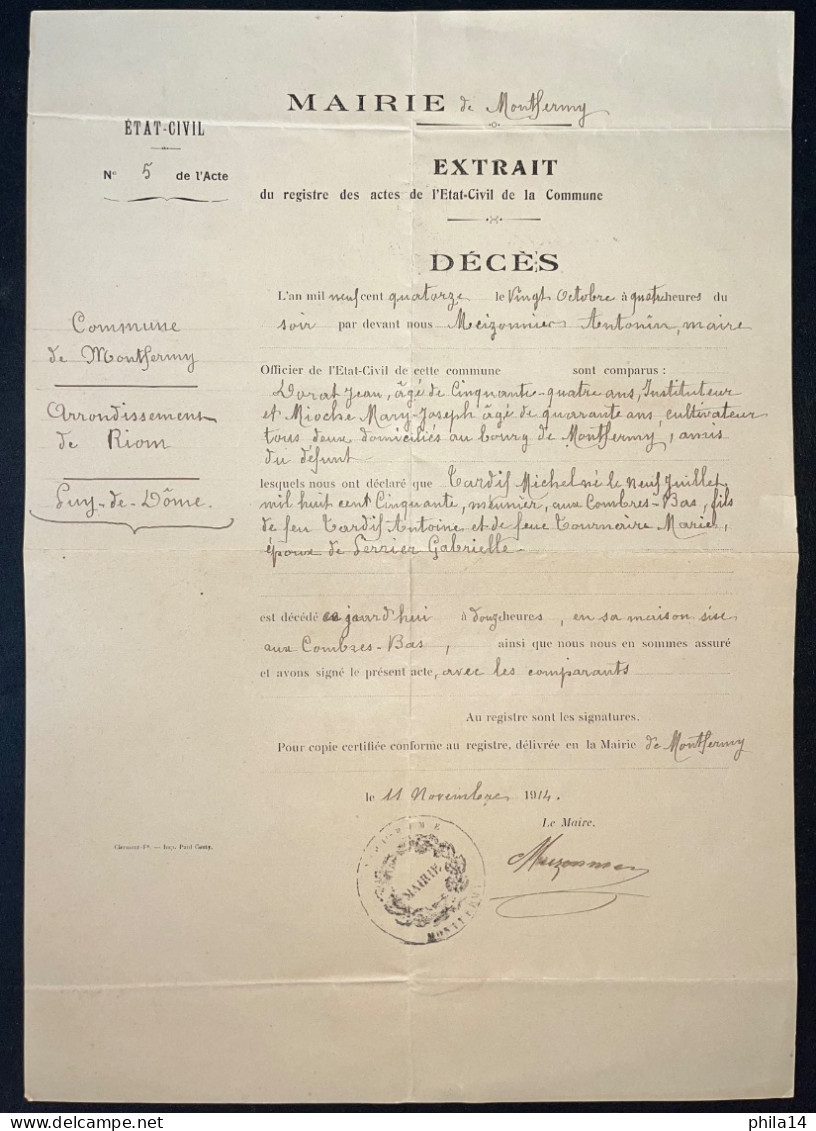 DOCUMENT MAIRIE DE MONTFERMY PUY DE DOME / 1914 / EXTRAIT REGISTRE DES ACTES DE L'ETAT CIVIL - Manuscrits