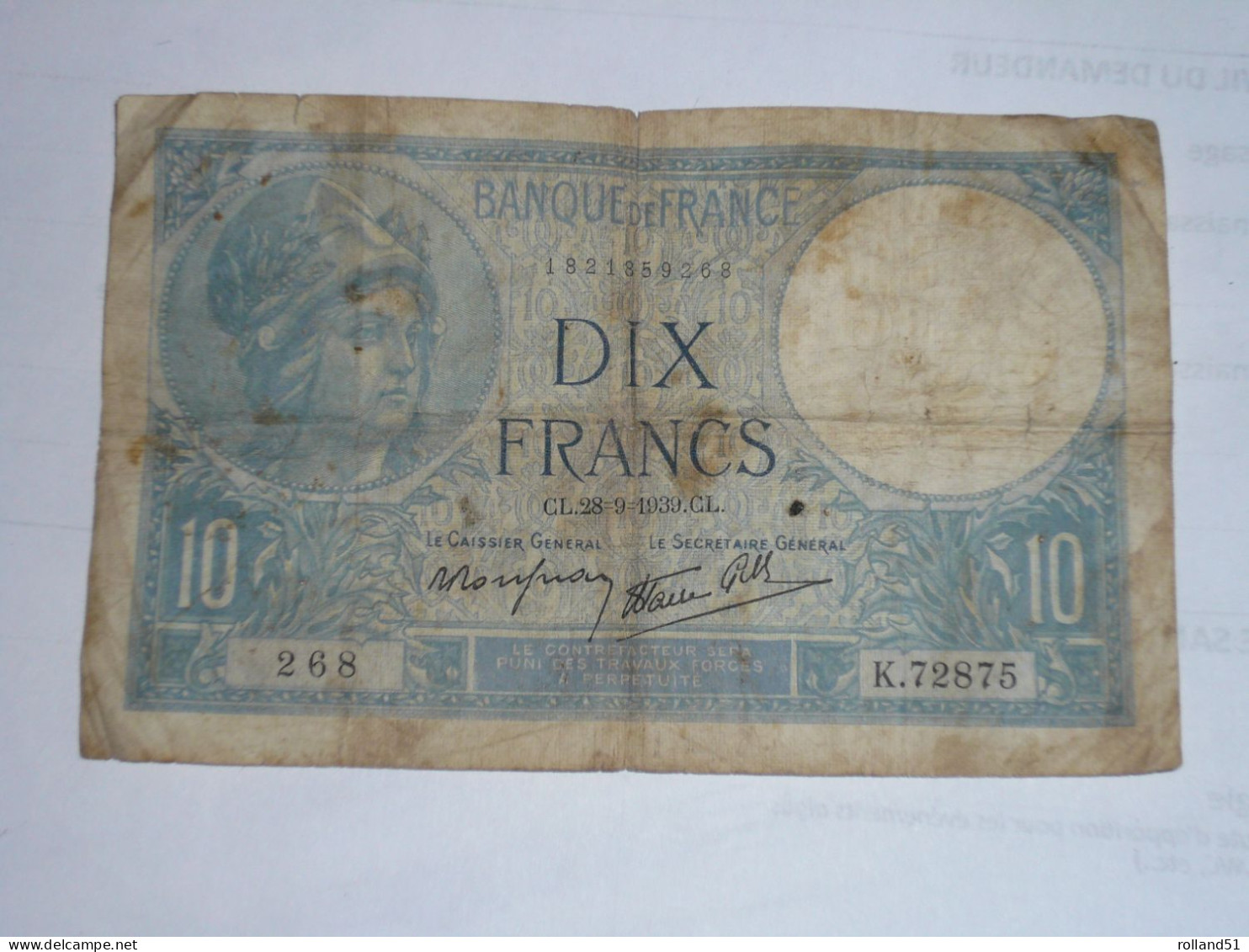 Billet De 10 Francs Du 28-09-1939 - 10 F 1916-1942 ''Minerve''