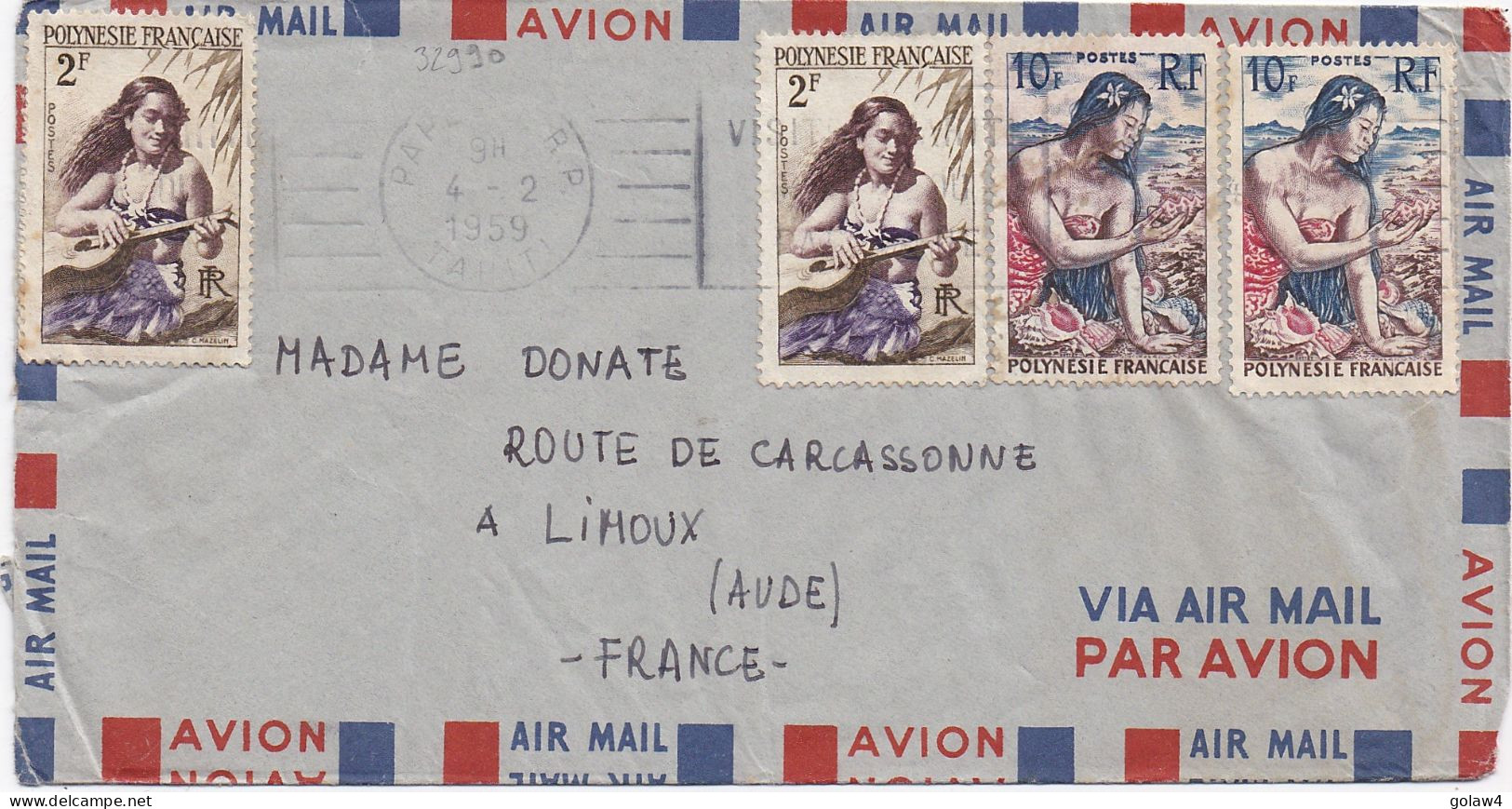 32990# LETTRE Obl PAPEETE RP TAHITI 1959 POLYNESIE FRANCAISE Pour LIMOUX AUDE - Cartas & Documentos