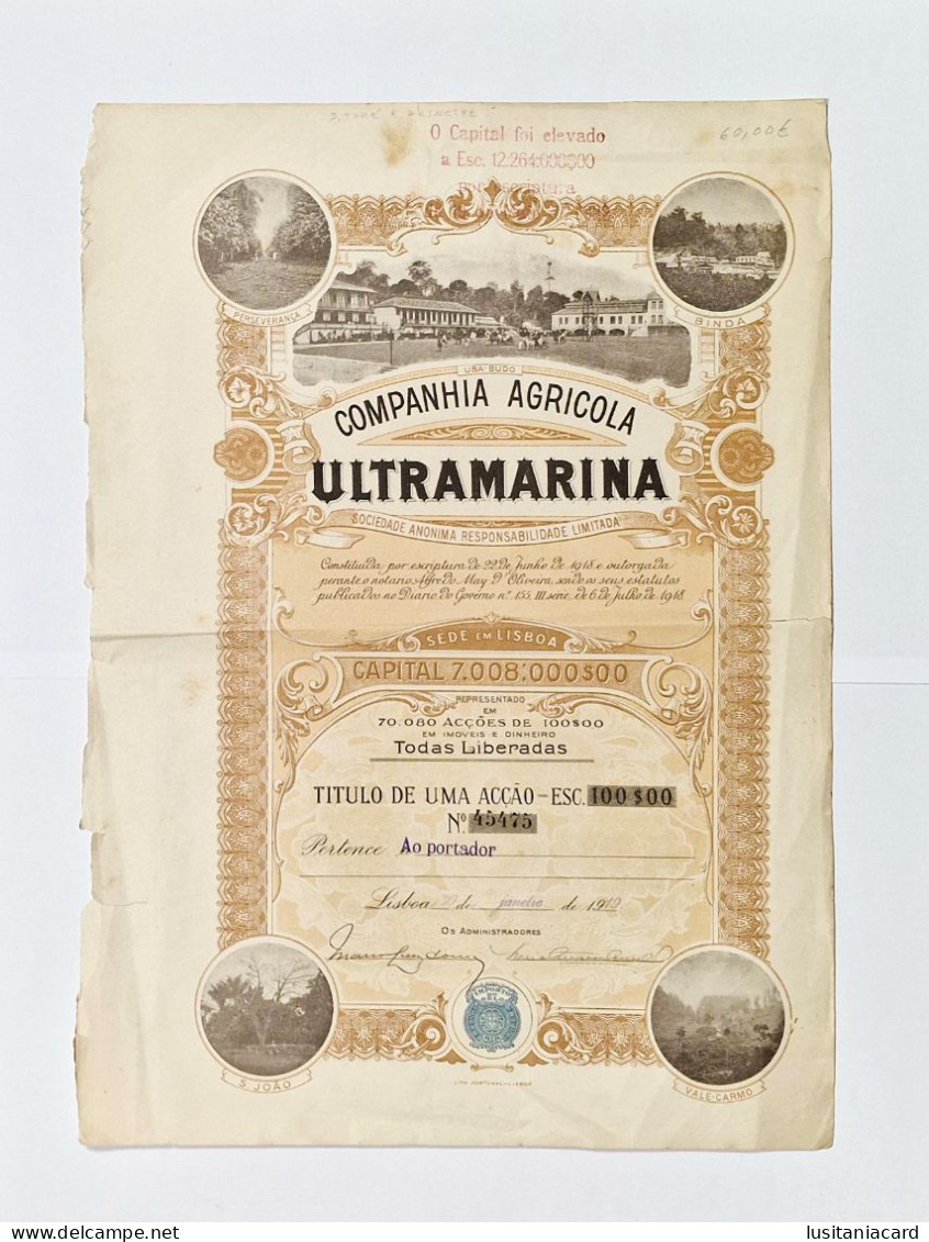 PORTUGAL - LISBOA - Companhia Agricola Ultramarina -Titulo De Uma Acção 100$00-Nº 45475 - 30JAN1919 - Landwirtschaft