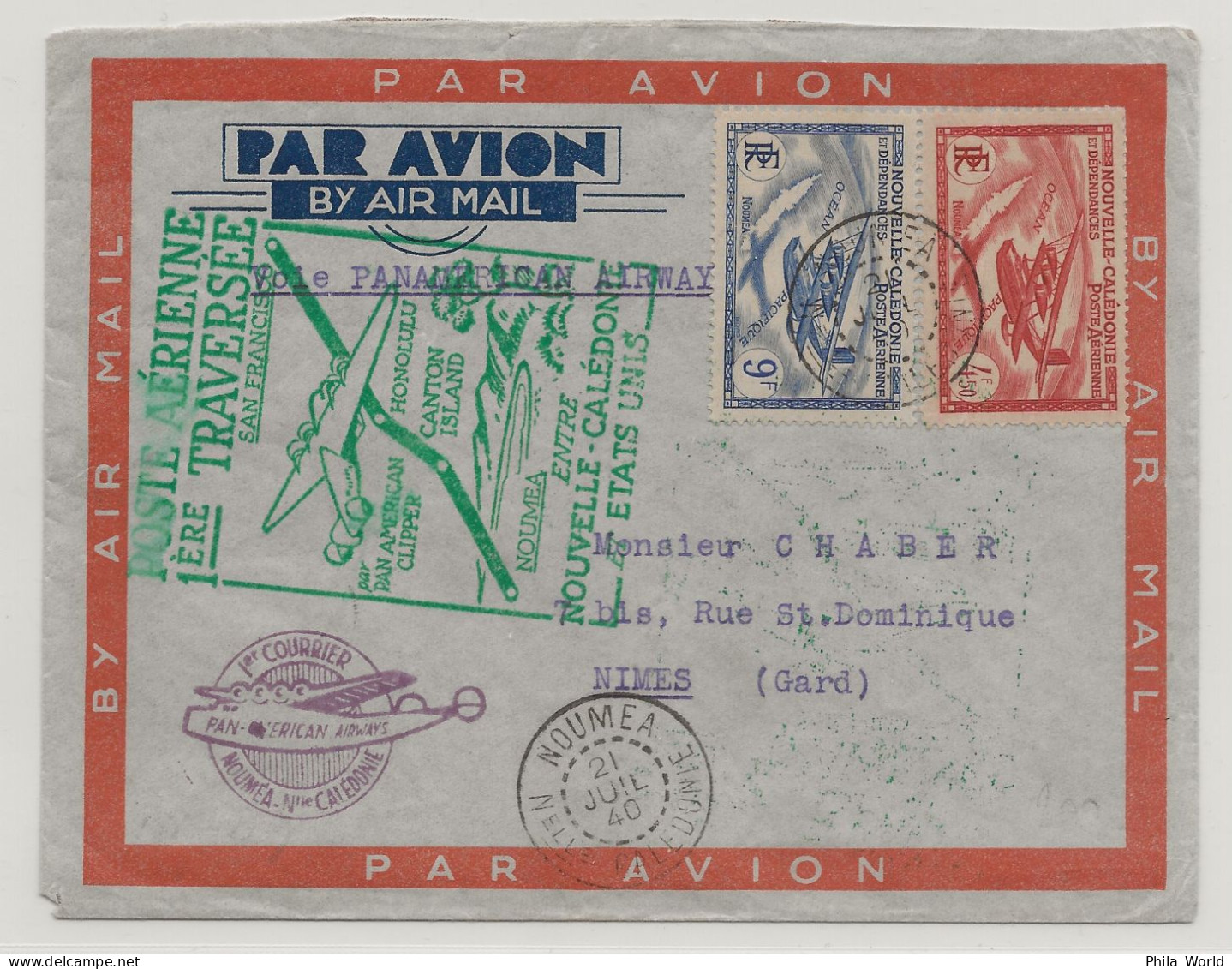 PANAM WW2 1940 NOUVELLE CALEDONIE Noumea 1ère Traversée ETATS UNIS Pour La FRANCE Avec Censure ALLEMAGNE Geöffnet - Brieven En Documenten