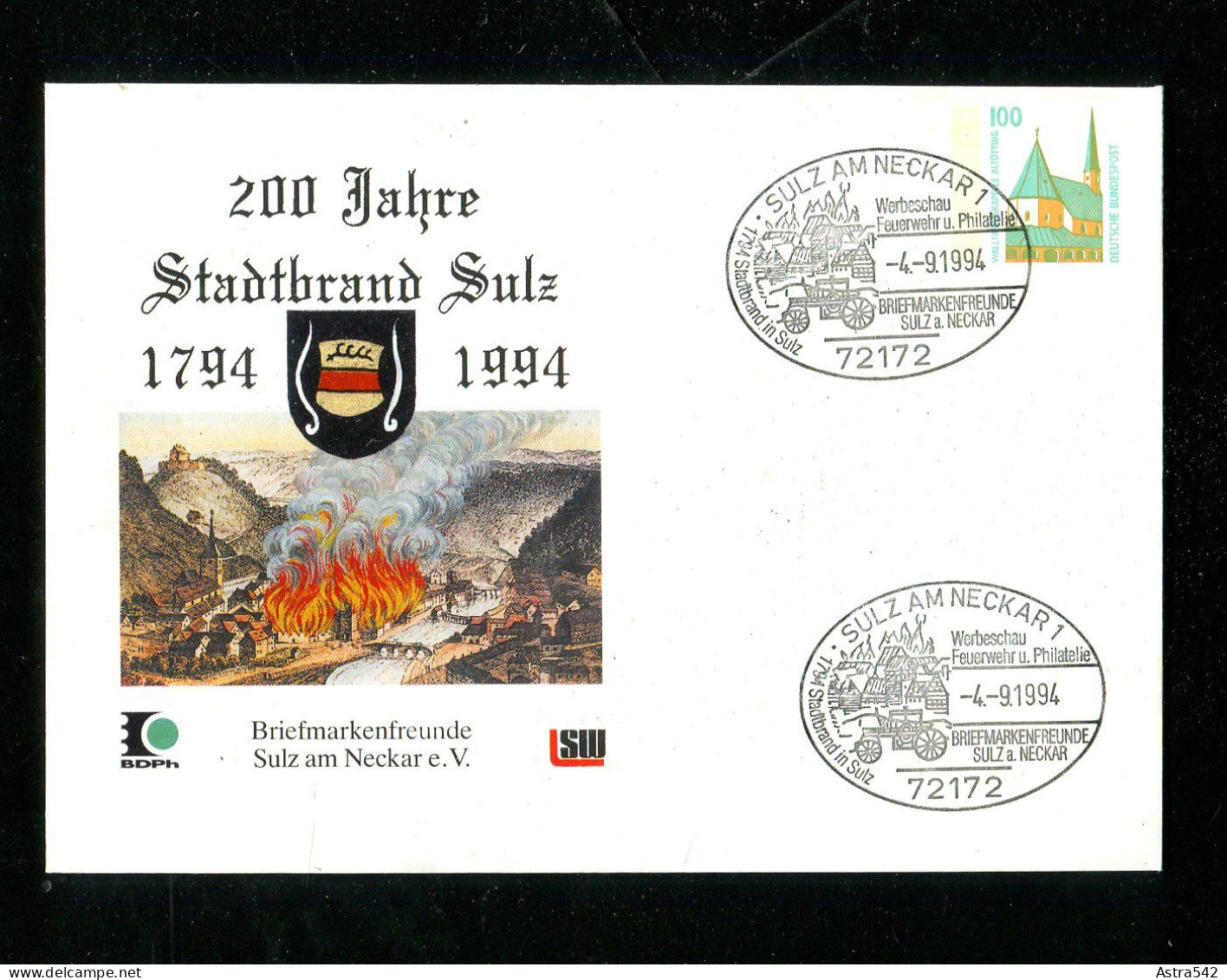 "BUNDESREPUBLIK DEUTSCHLAND" 1994, Privatganzsachenumschlag "Stadtbrand Sulz", SSt. (15400) - Privé Briefomslagen - Gebruikt