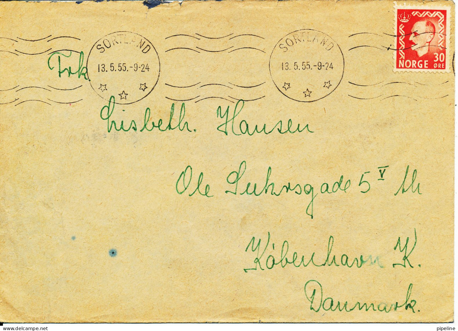 Norway Cover Sent To Denmark Sorteland 13-5-1955 Single Franked - Briefe U. Dokumente