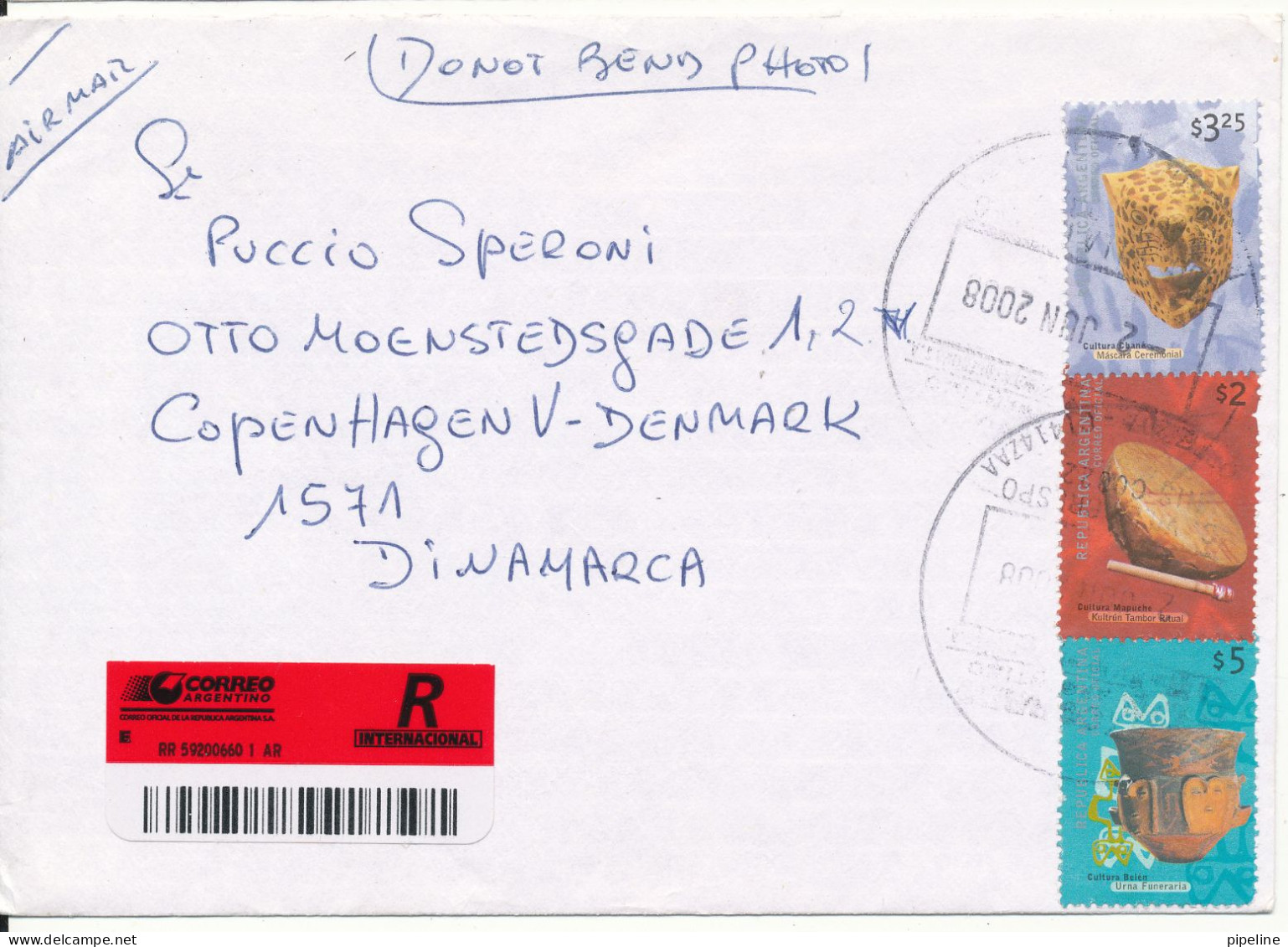 Argentina Registered Cover Sent To Denmark 2-1-2008 - Covers & Documents