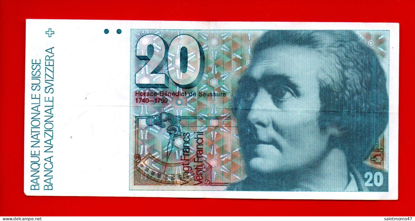 SUISSE . BILLET . BANQUE NATIONALE SUISSE 20 FRANCS . HORACE-BÉNÉDICT DE SAUSSURE - Réf. N°12809 - - Suiza