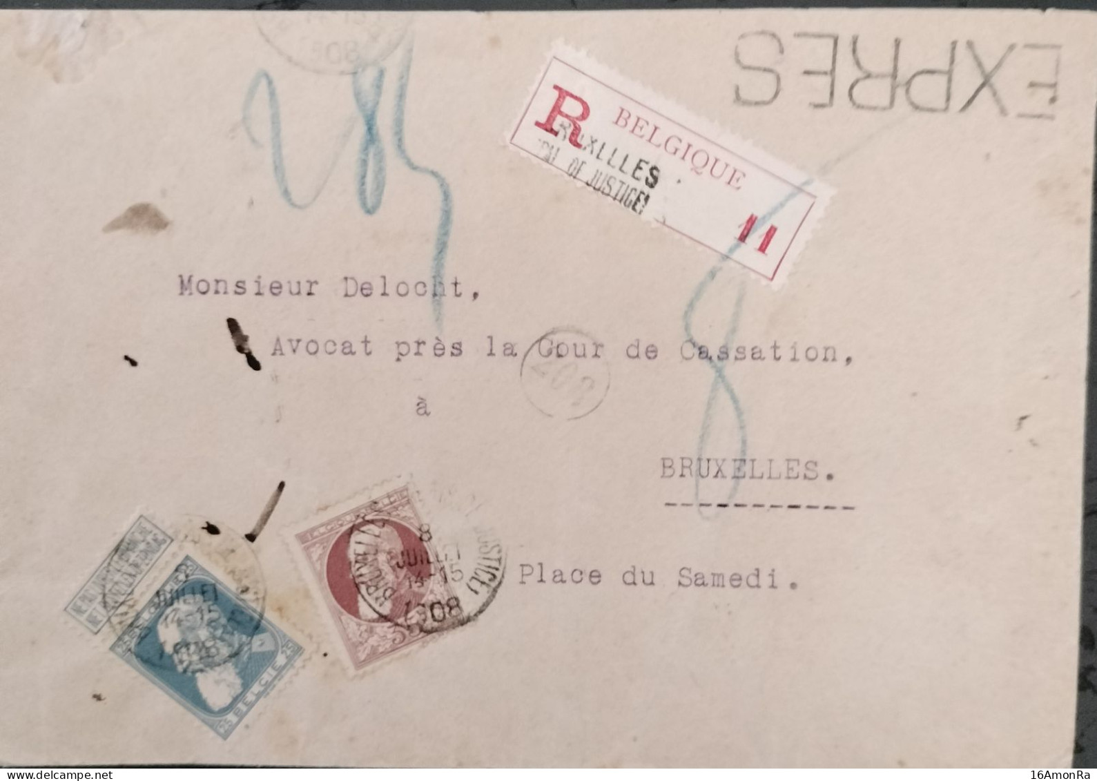 N°76-77 Obl. Sc BRUXELLES (Palais De Justice) Sur Lettre Recommandée Et EXPRES Du 8 Juillet 1908 Vers Bruxelles - Verso - 1905 Barba Grossa