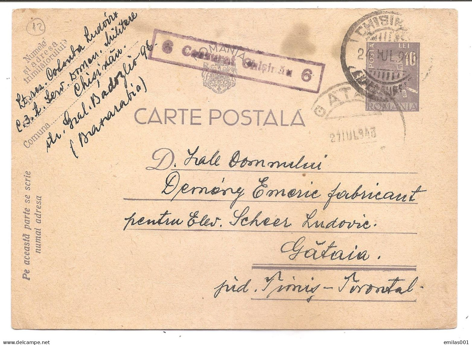 Lettre Censurée CHISINAU ( Basarabia ) Vers Timis 27.08.1943 - Lettres 2ème Guerre Mondiale