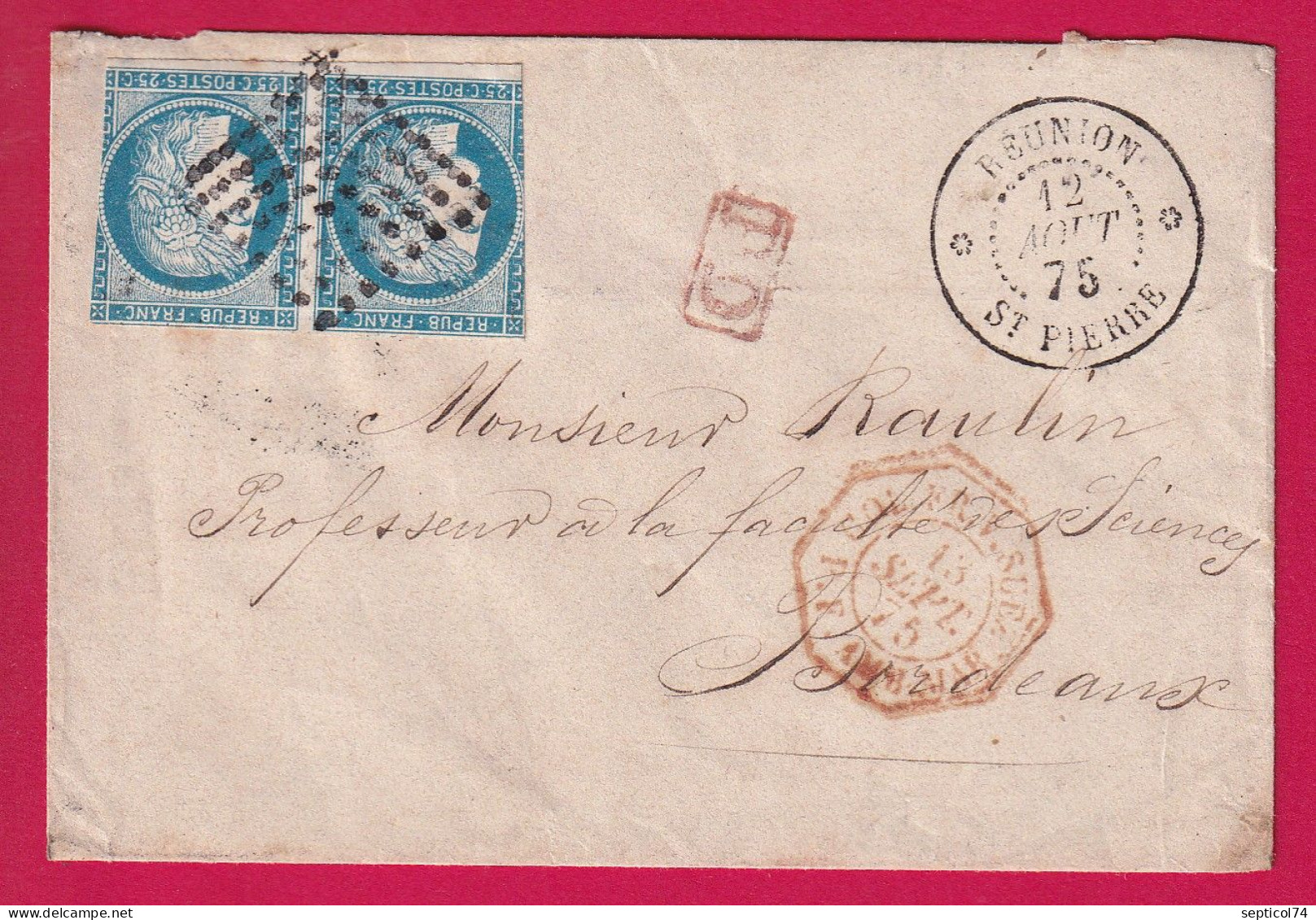 COLONIE GENERAL N°23 PAIRE LA REUNION ST PIERRE POUR BORDEAUX GIRONDE 1875 LETTRE COVER - Covers & Documents