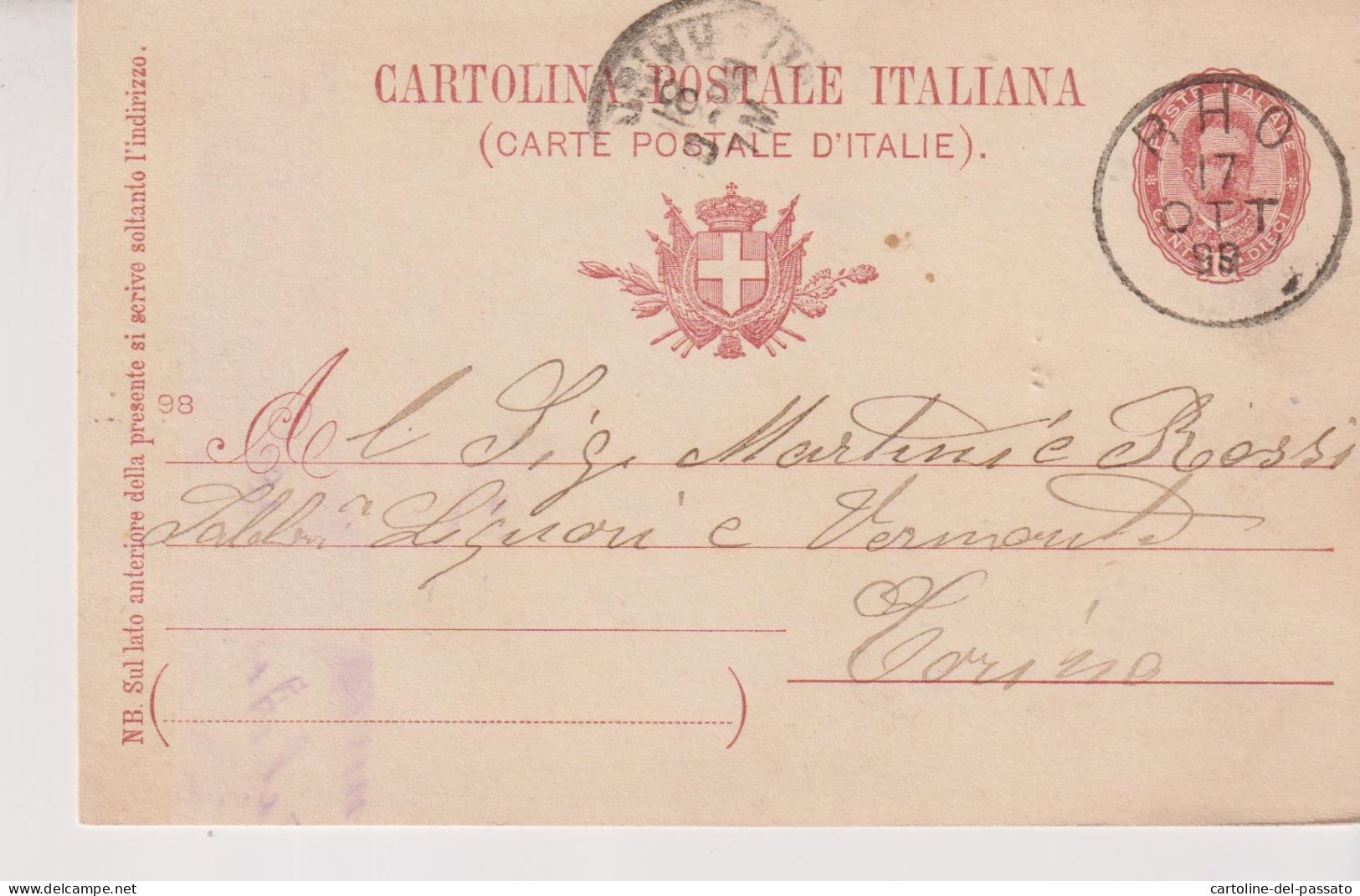 RHO  MILANO  STORIA POSTALE  17/10/1899  PER TORINO - Rho